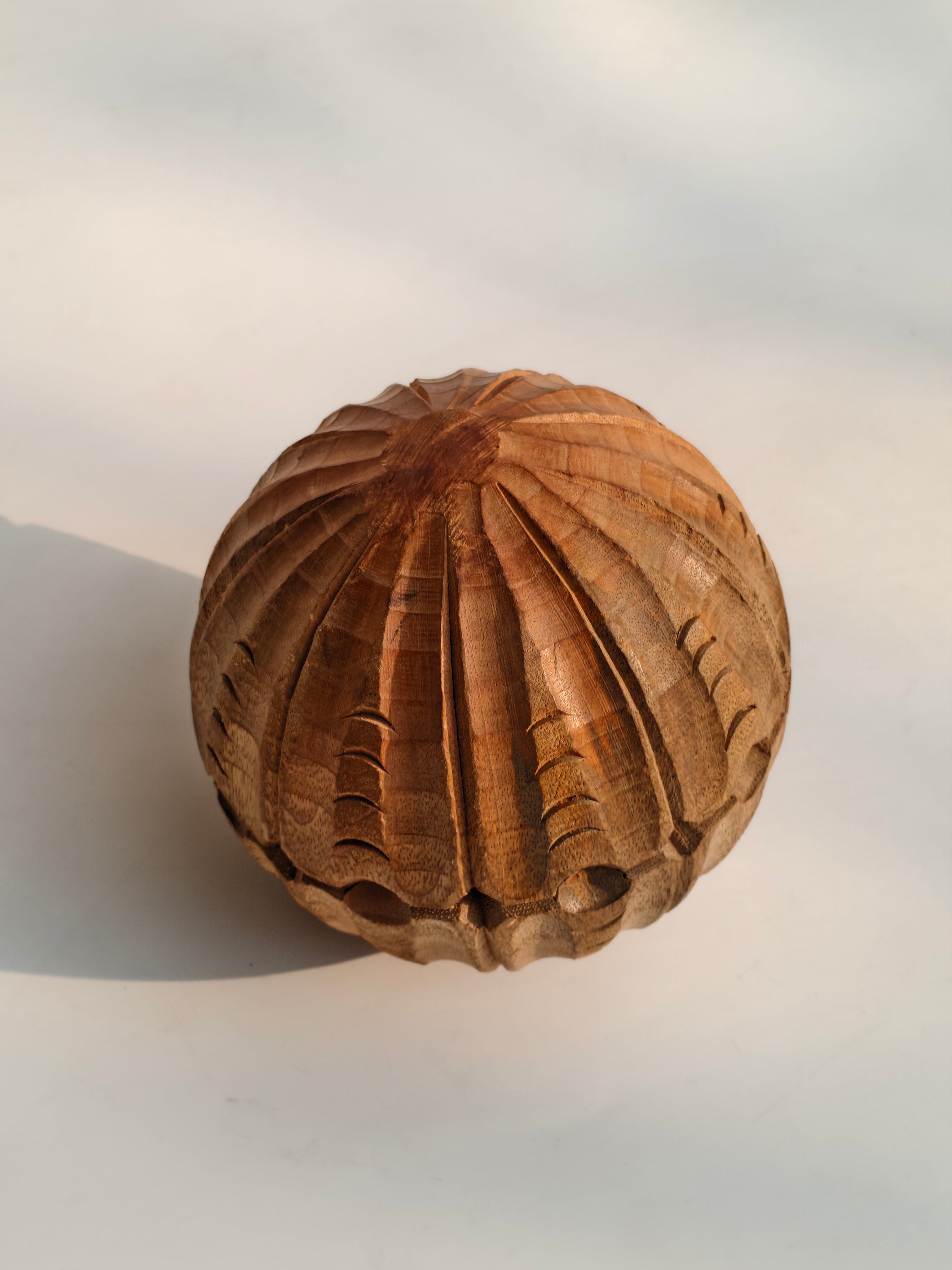 Hand-Carved Segmented Wooden Sphere | Deep Relief Grooves