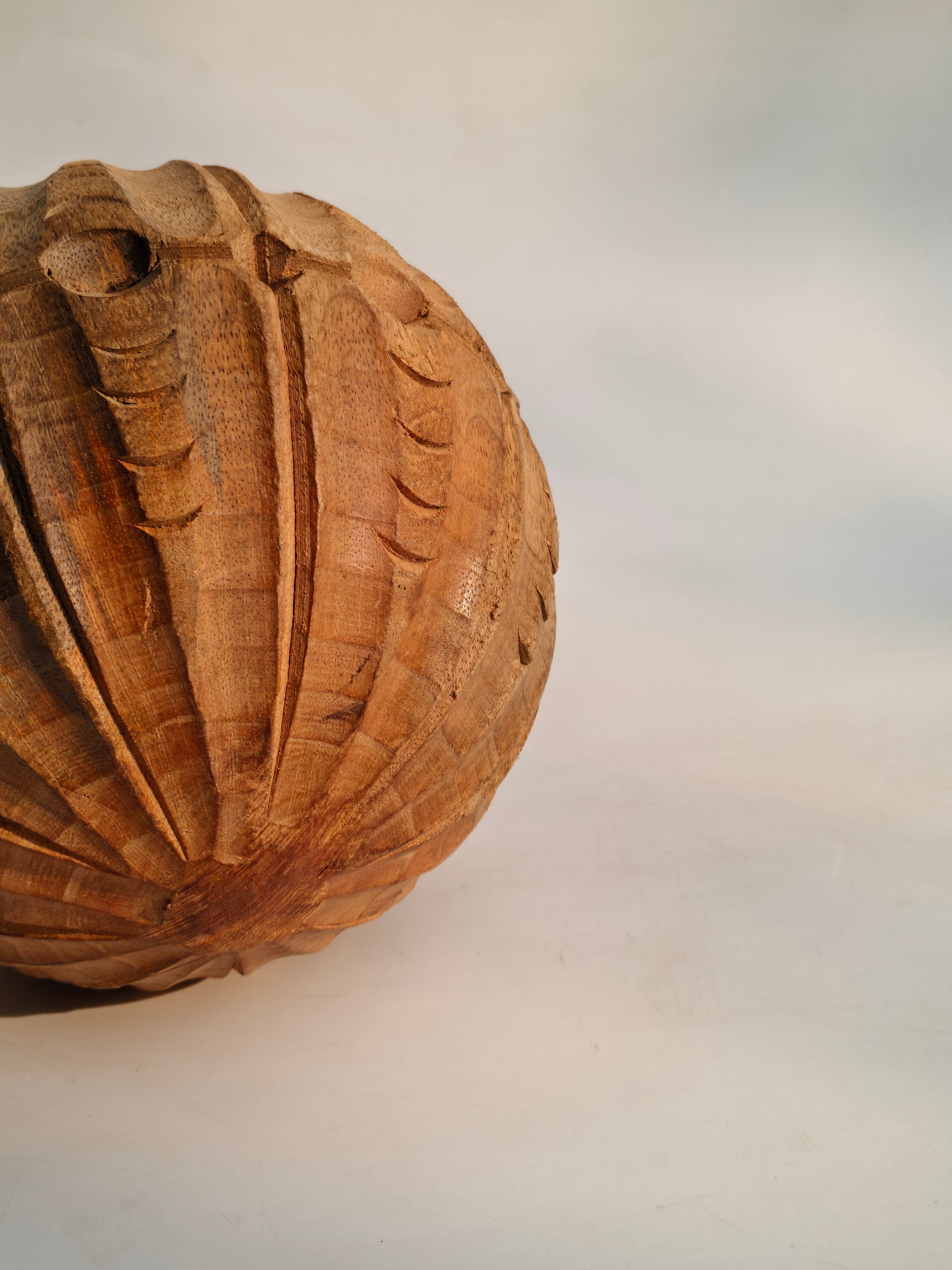 Hand-Carved Segmented Wooden Sphere | Deep Relief Grooves