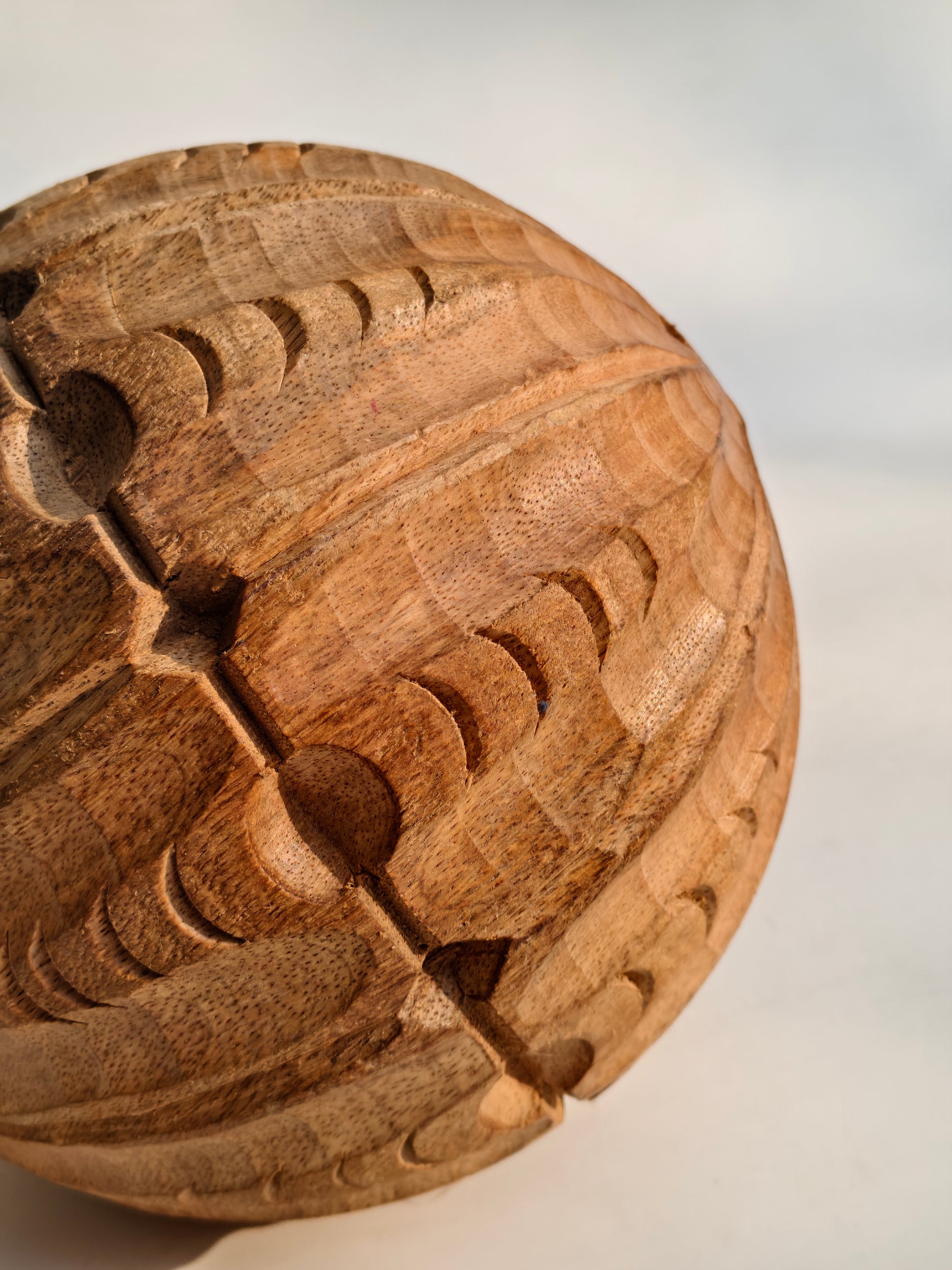 Hand-Carved Segmented Wooden Sphere | Deep Relief Grooves