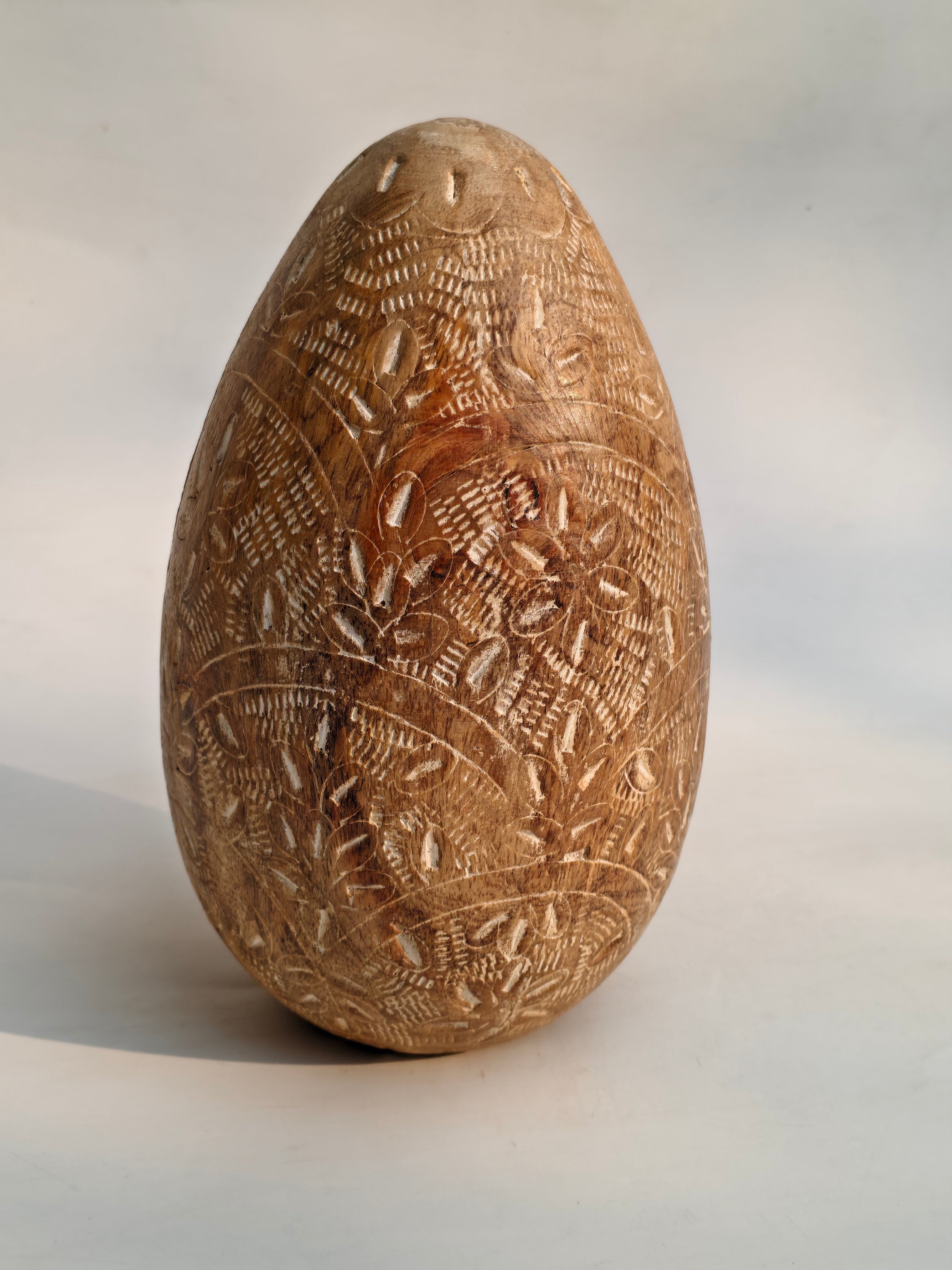 Hand-Carved Wooden Decorative Egg Shape | Intricate Engraved Home Accent Showpiece