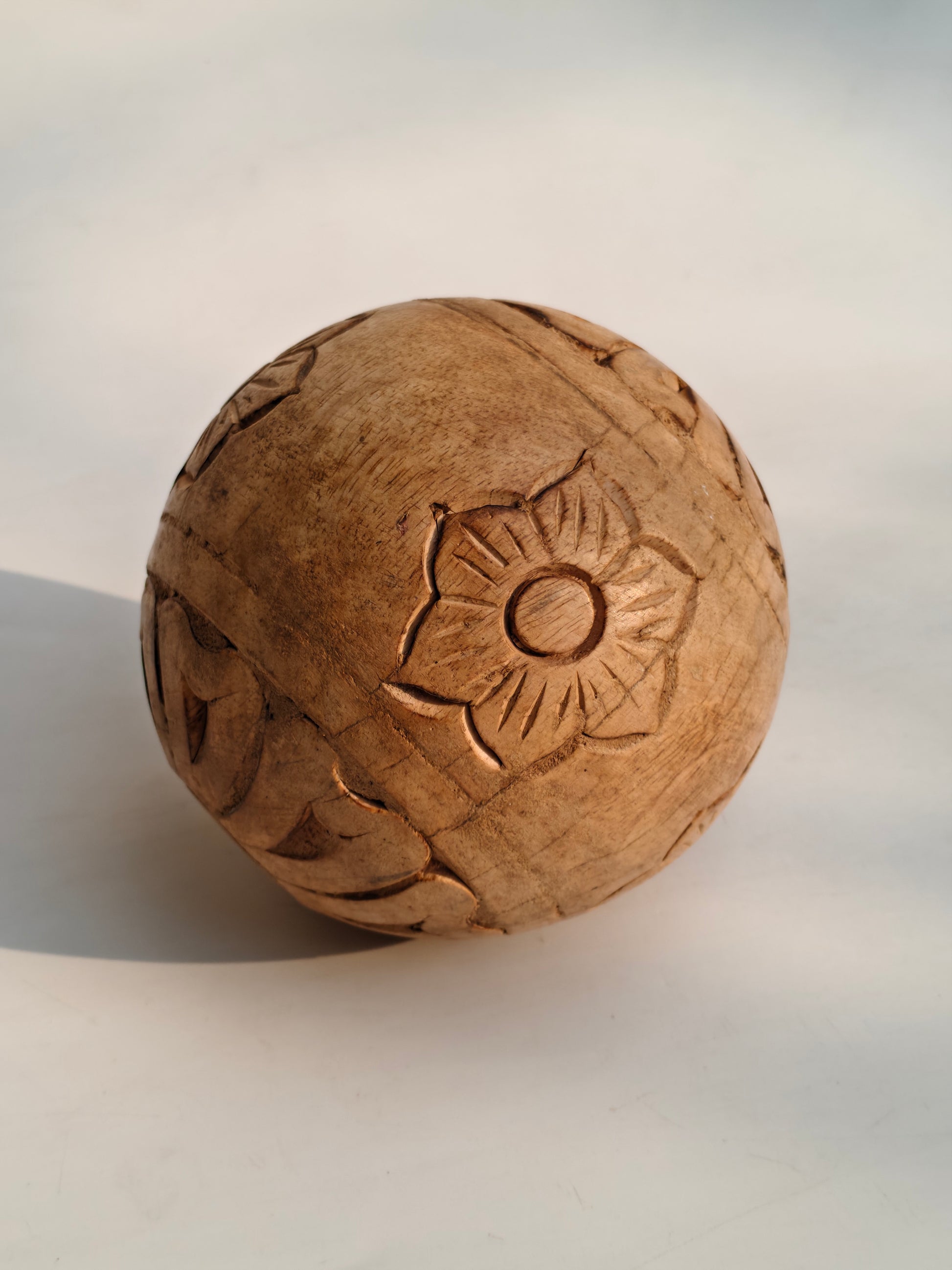 Hand-Carved Natural Wood Decorative Sphere | Floral Engraving