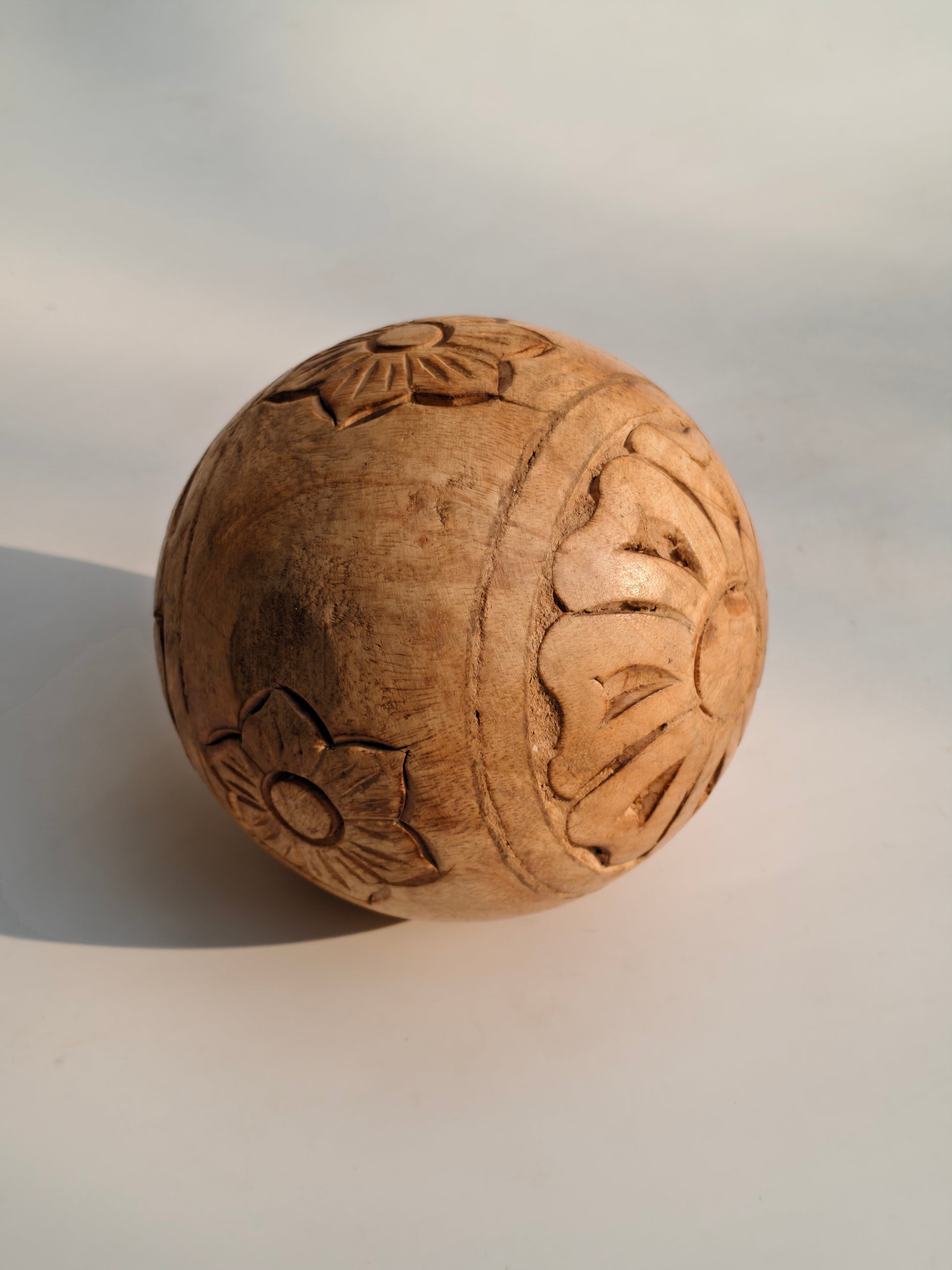 Hand-Carved Natural Wood Decorative Sphere | Floral Engraving