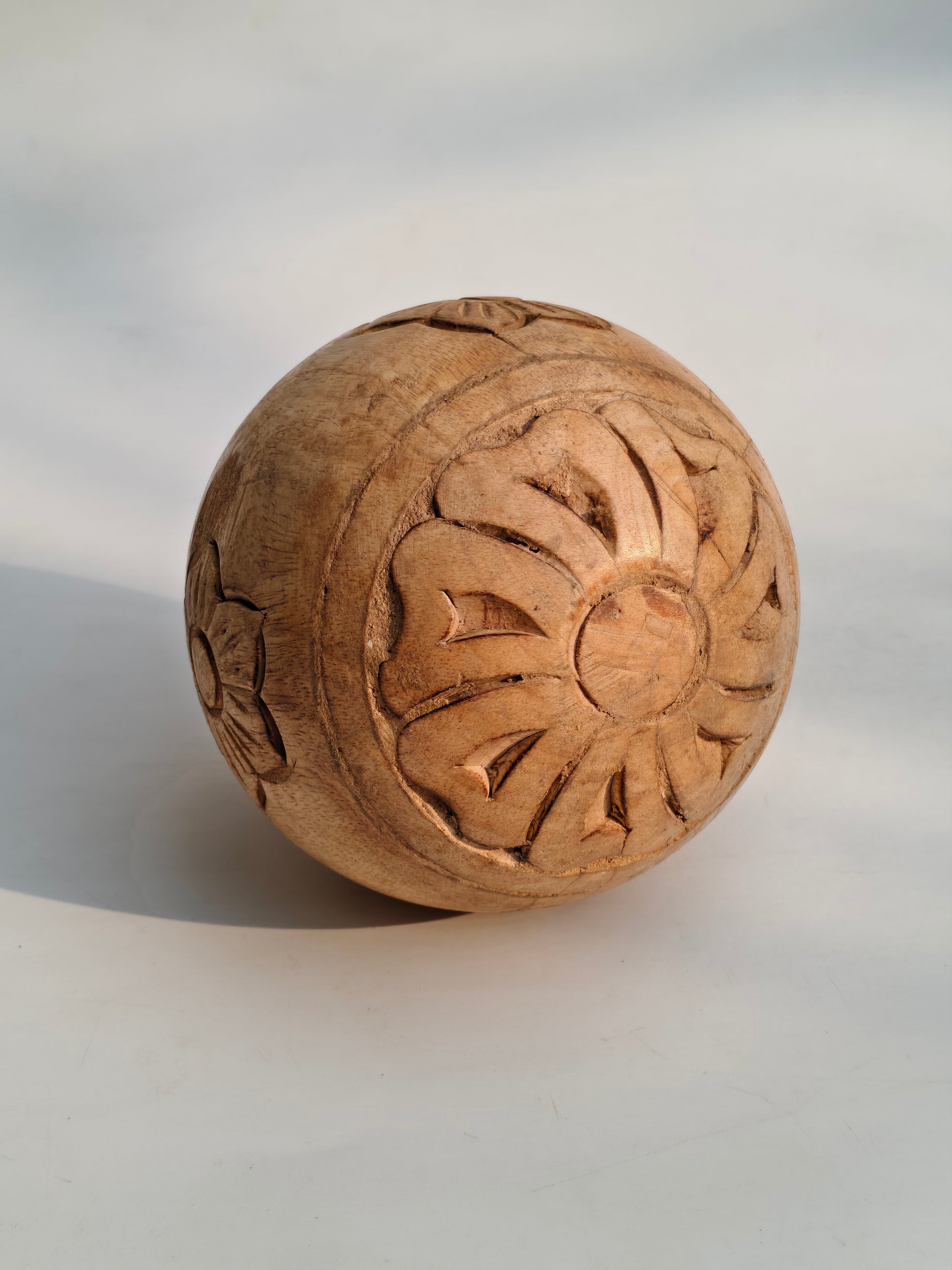 Hand-Carved Natural Wood Decorative Sphere | Floral Engraving