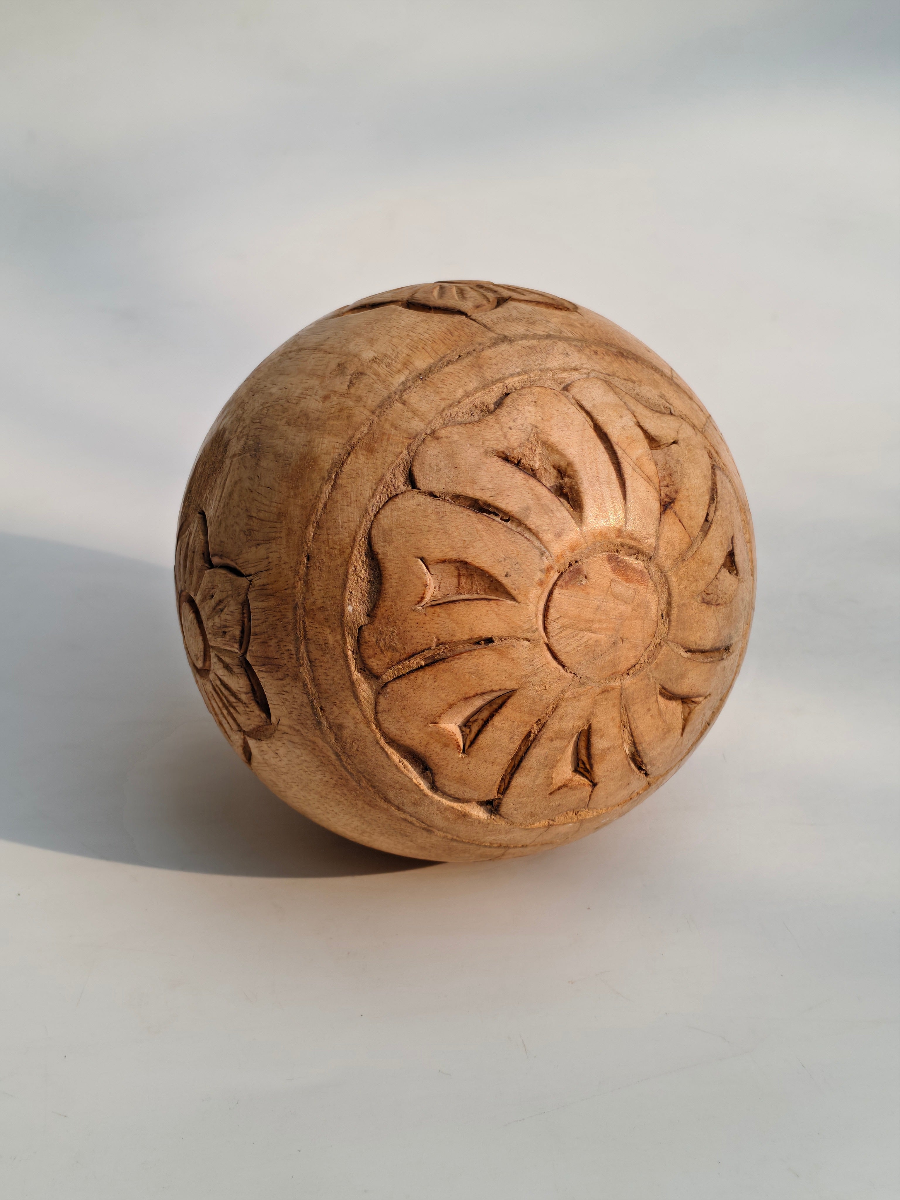 Hand-Carved Natural Wood Decorative Sphere