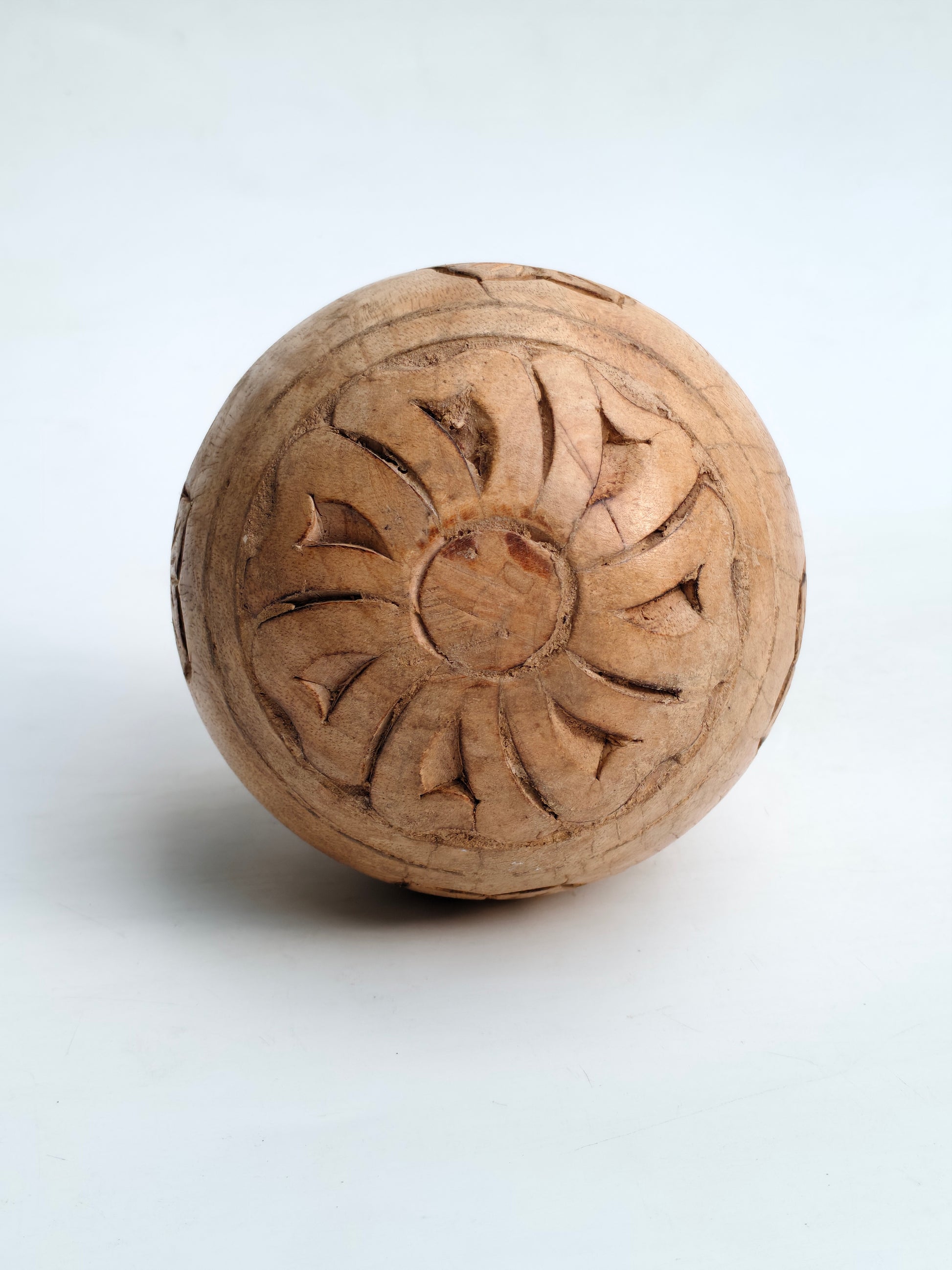 Hand-Carved Natural Wood Decorative Sphere | Floral Engraving