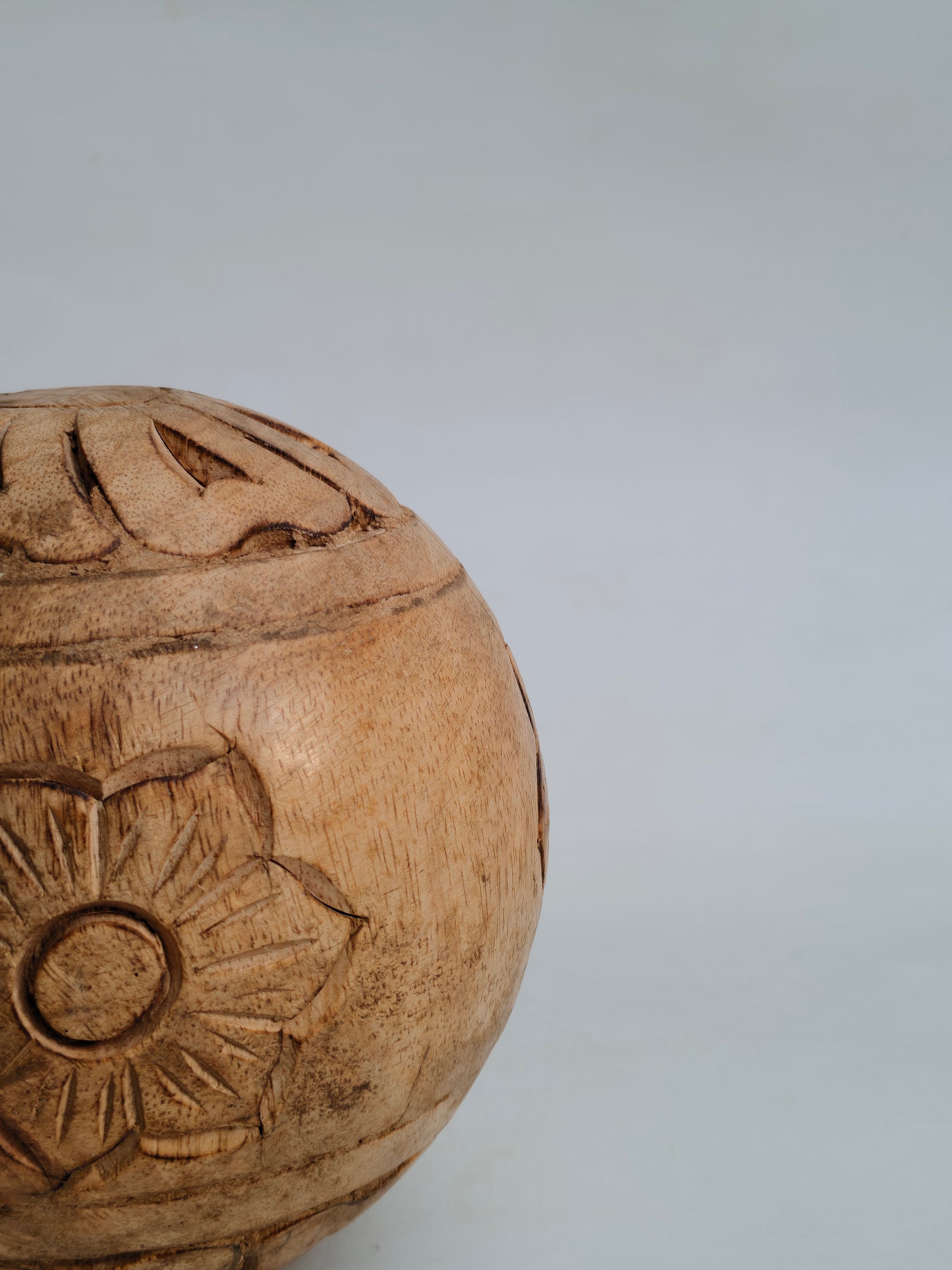 Hand-Carved Natural Wood Decorative Sphere | Floral Engraving