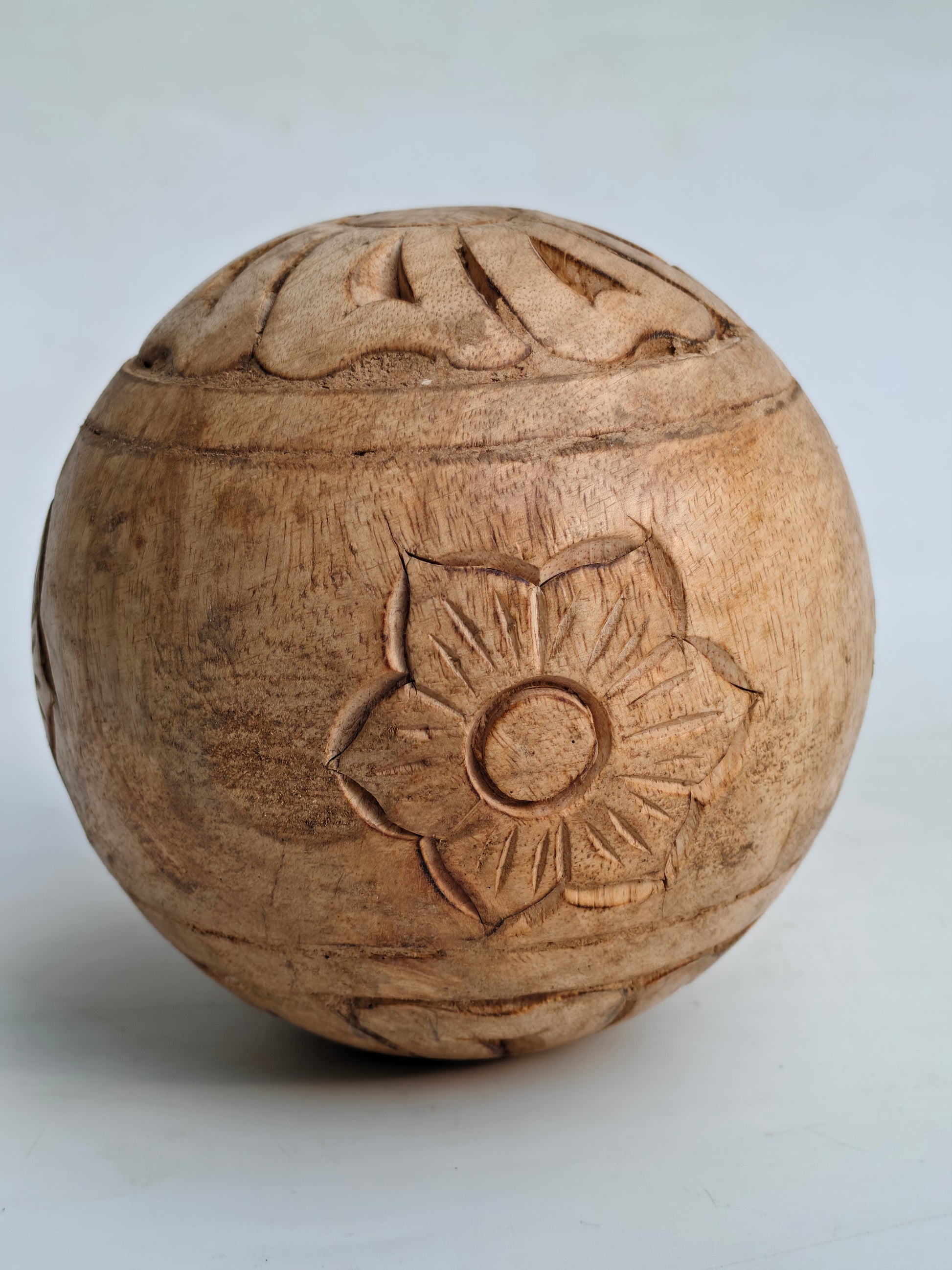 Hand-Carved Natural Wood Decorative Sphere | Floral Engraving