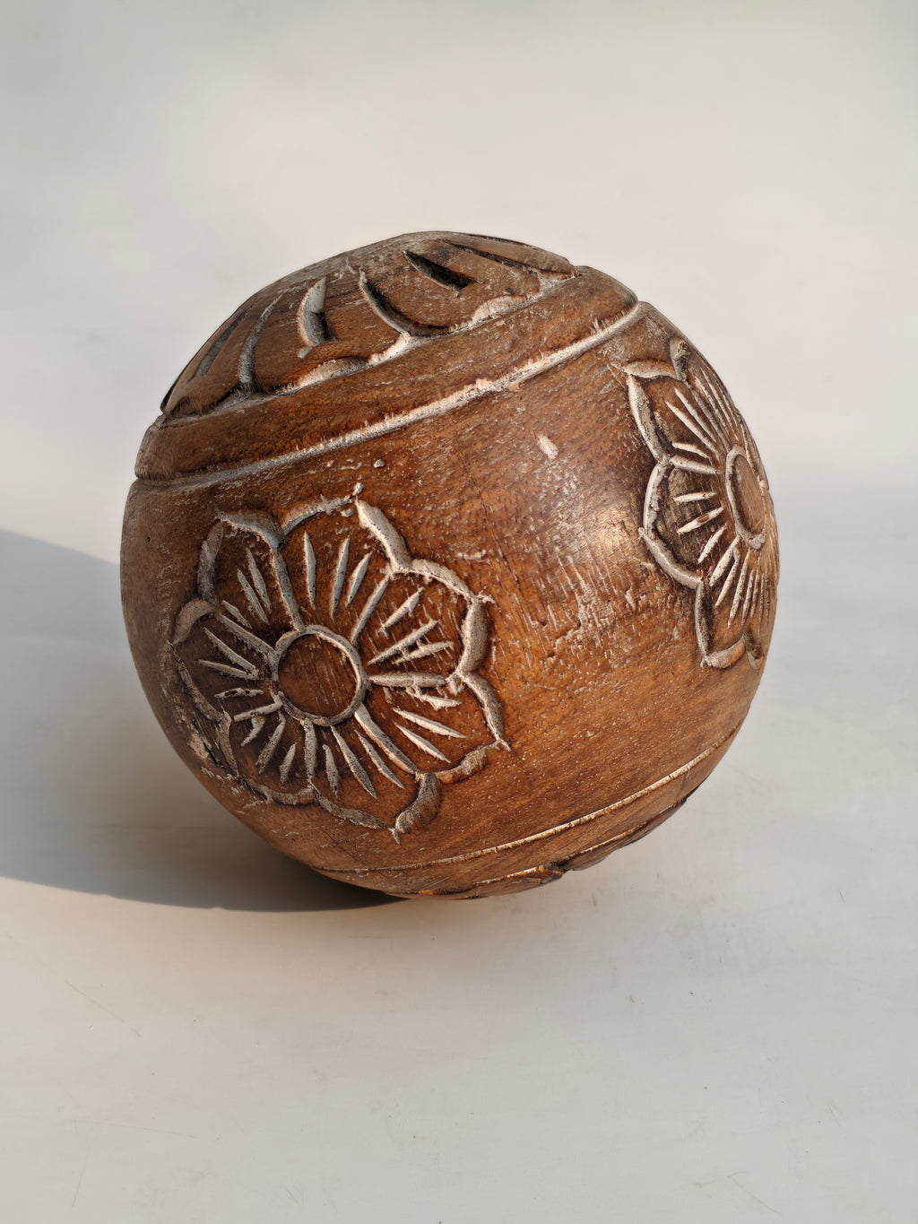Hand-Carved Floral Decorative Sphere | Engraved Wood Showpiece.