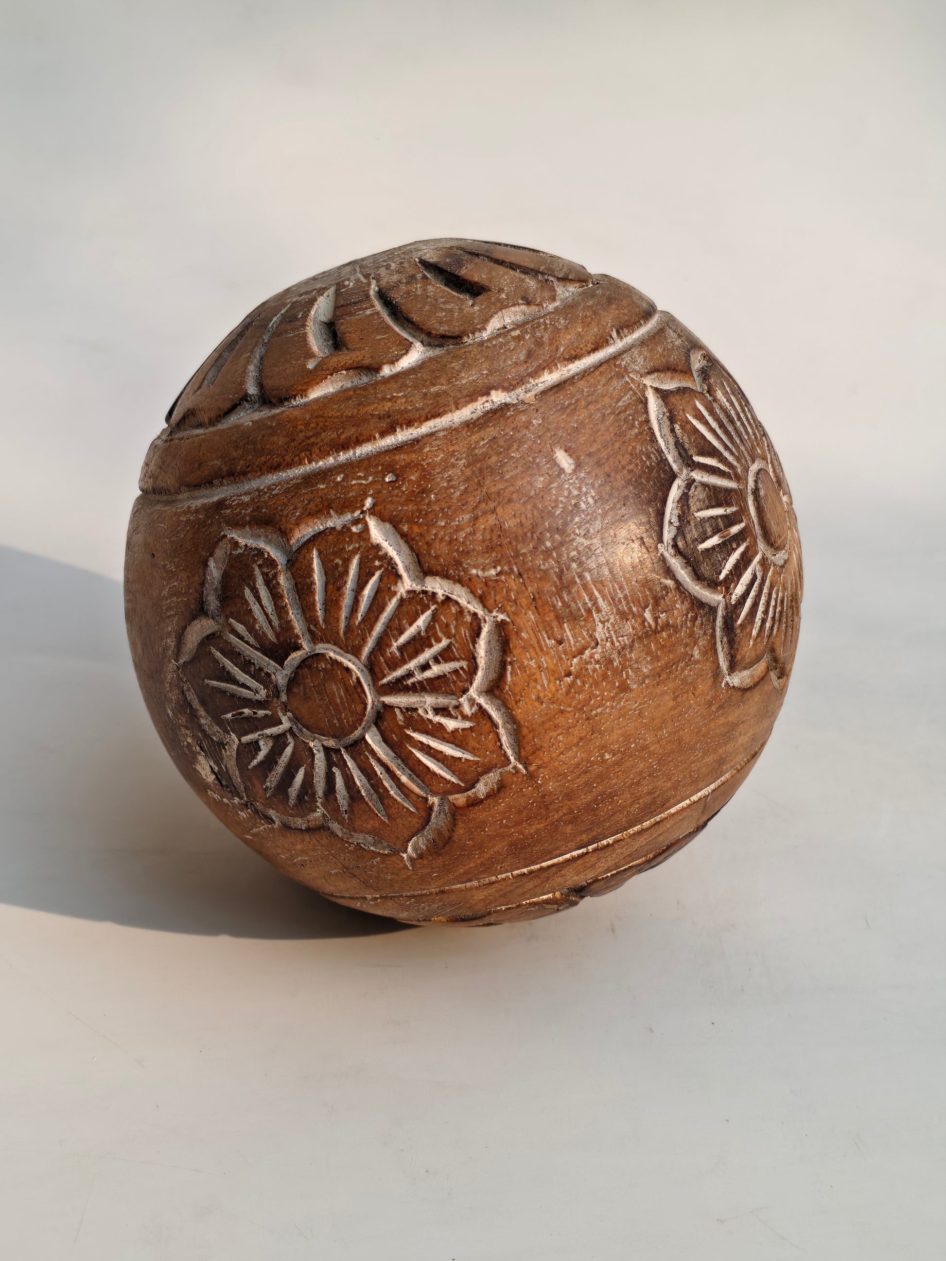 Hand-Carved Floral Decorative Sphere | Engraved Wood Showpiece.