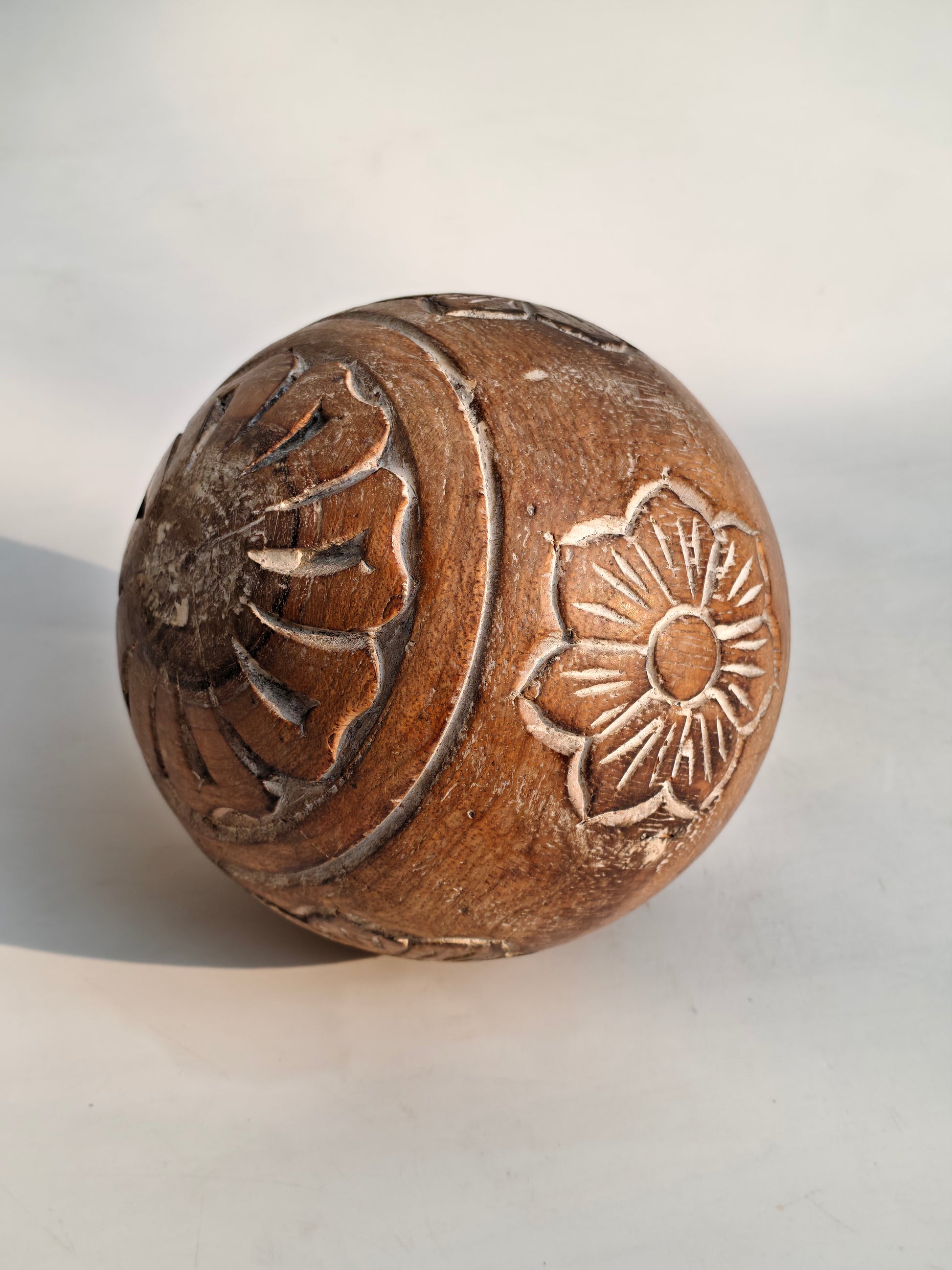Hand-Carved Floral Decorative Sphere | Engraved Wood Showpiece.