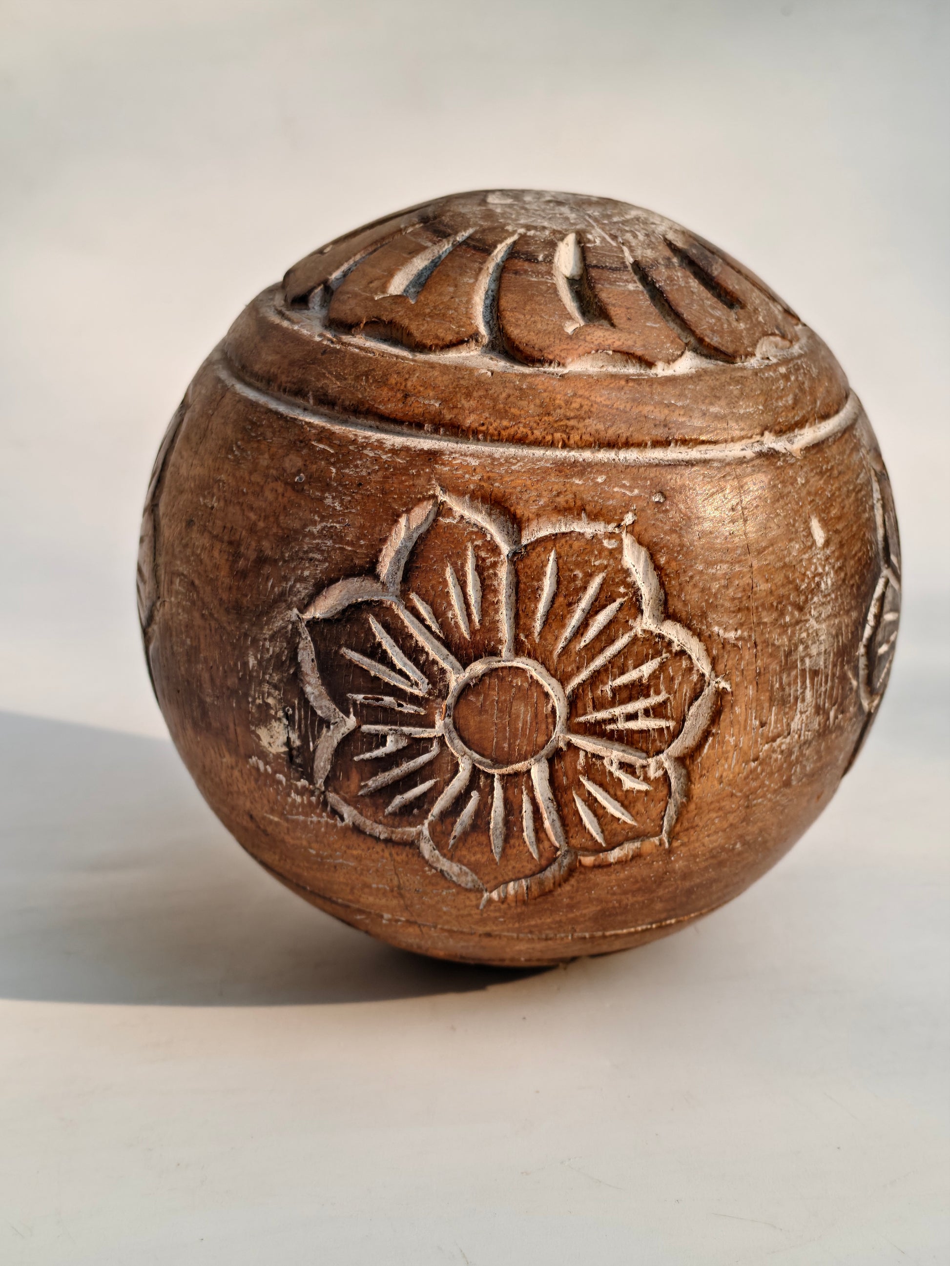 Hand-Carved Floral Decorative Sphere | Engraved Wood Showpiece.