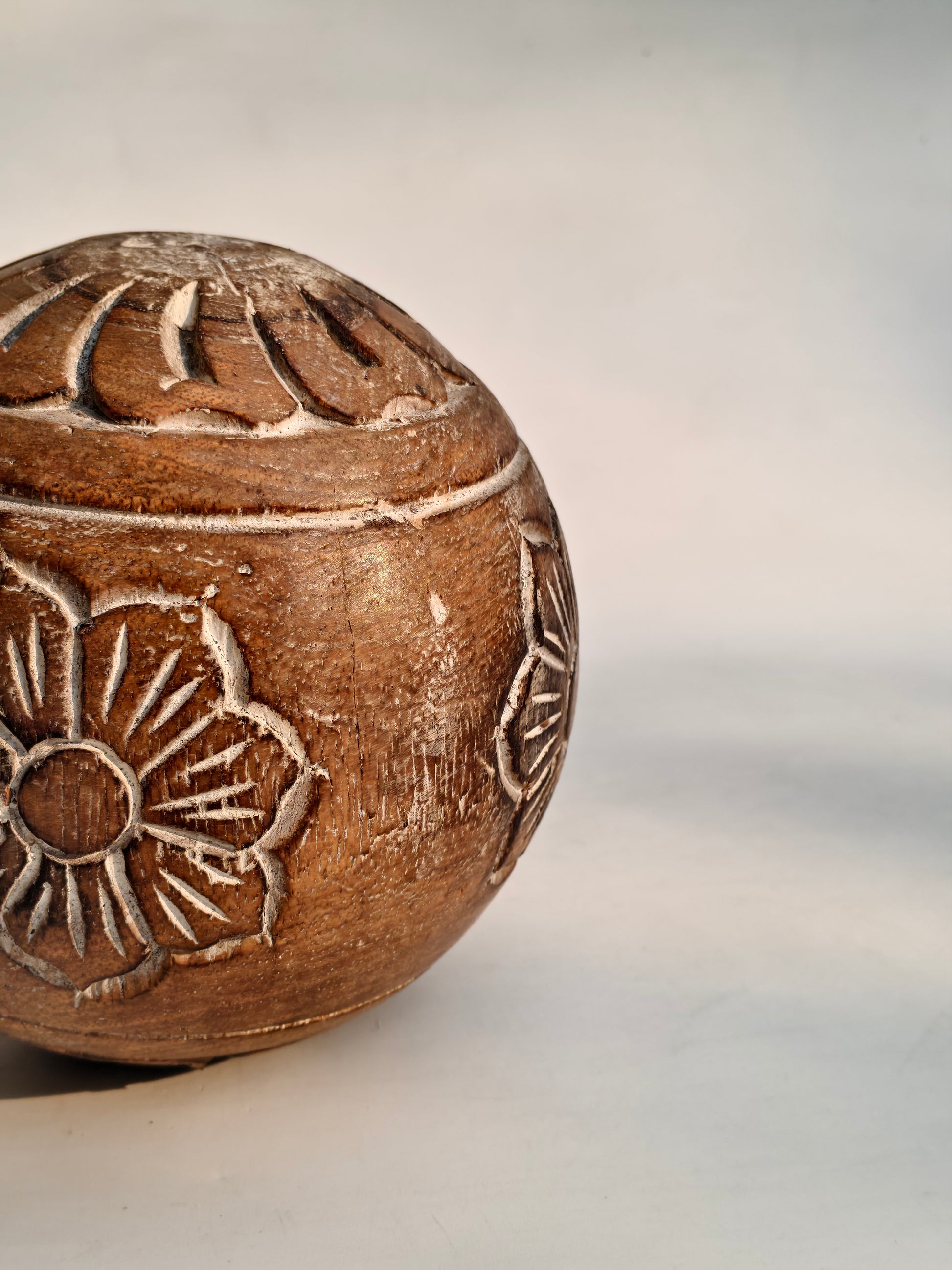 Hand-Carved Floral Decorative Sphere | Engraved Wood Showpiece.
