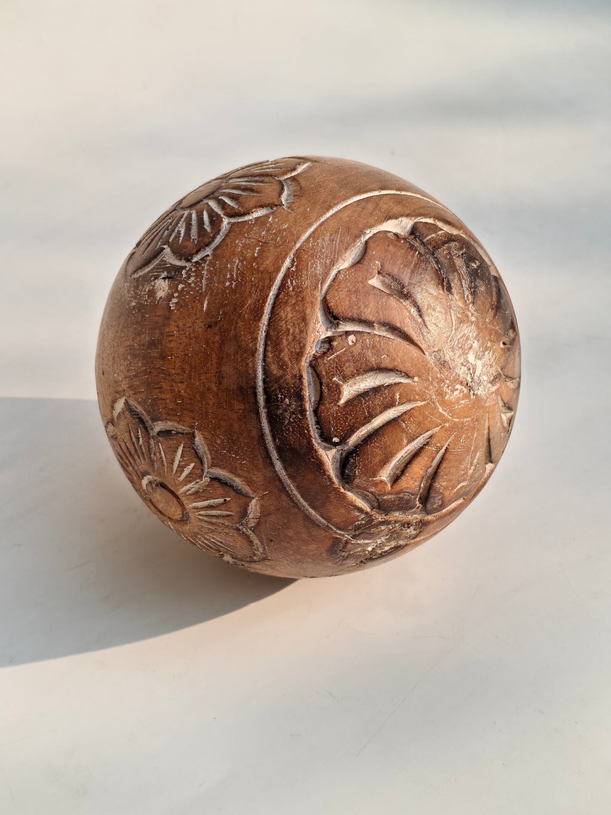 Hand-Carved Floral Decorative Sphere | Engraved Wood Showpiece.