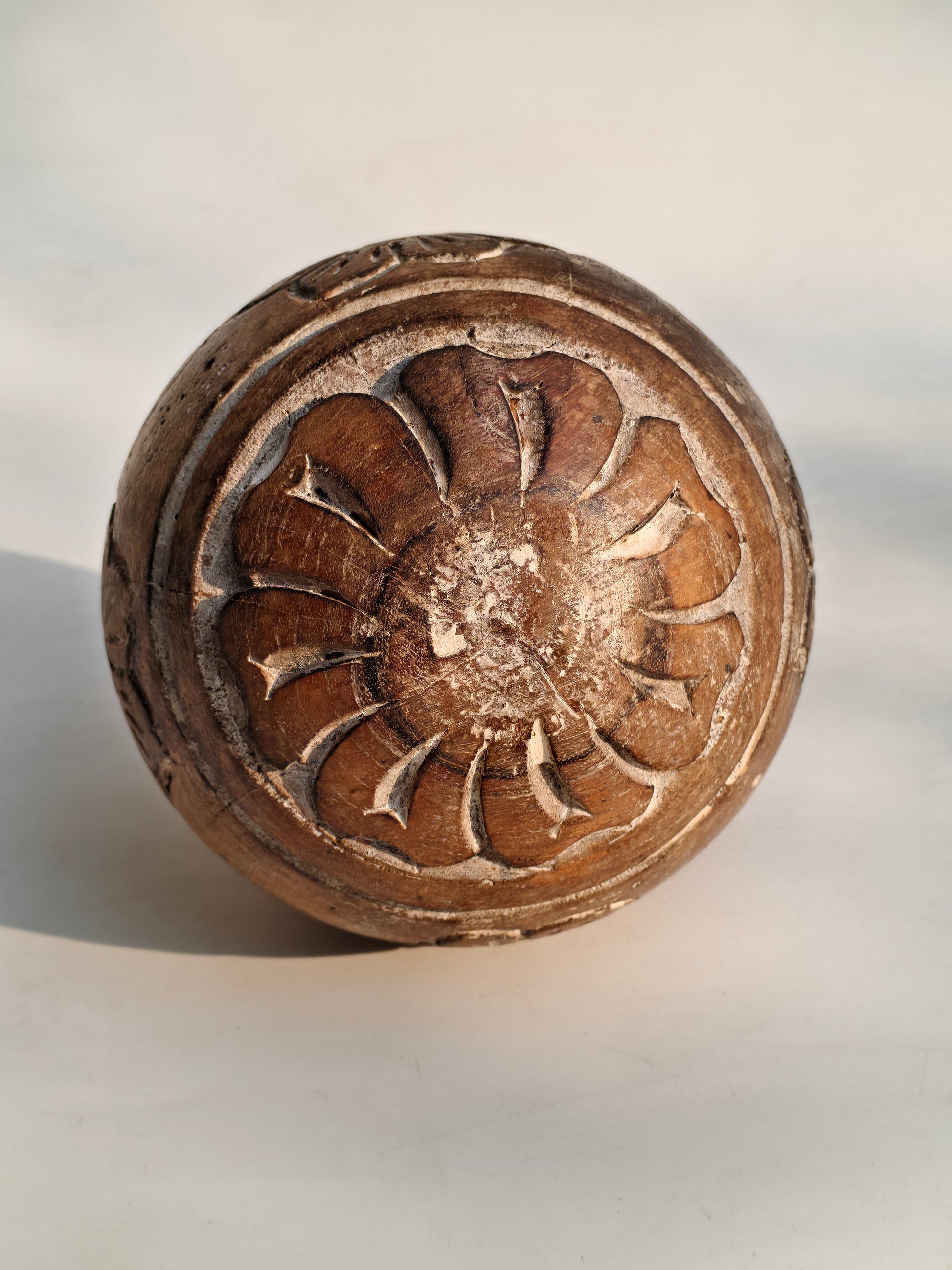 Hand-Carved Floral Decorative Sphere | Engraved Wood Showpiece.