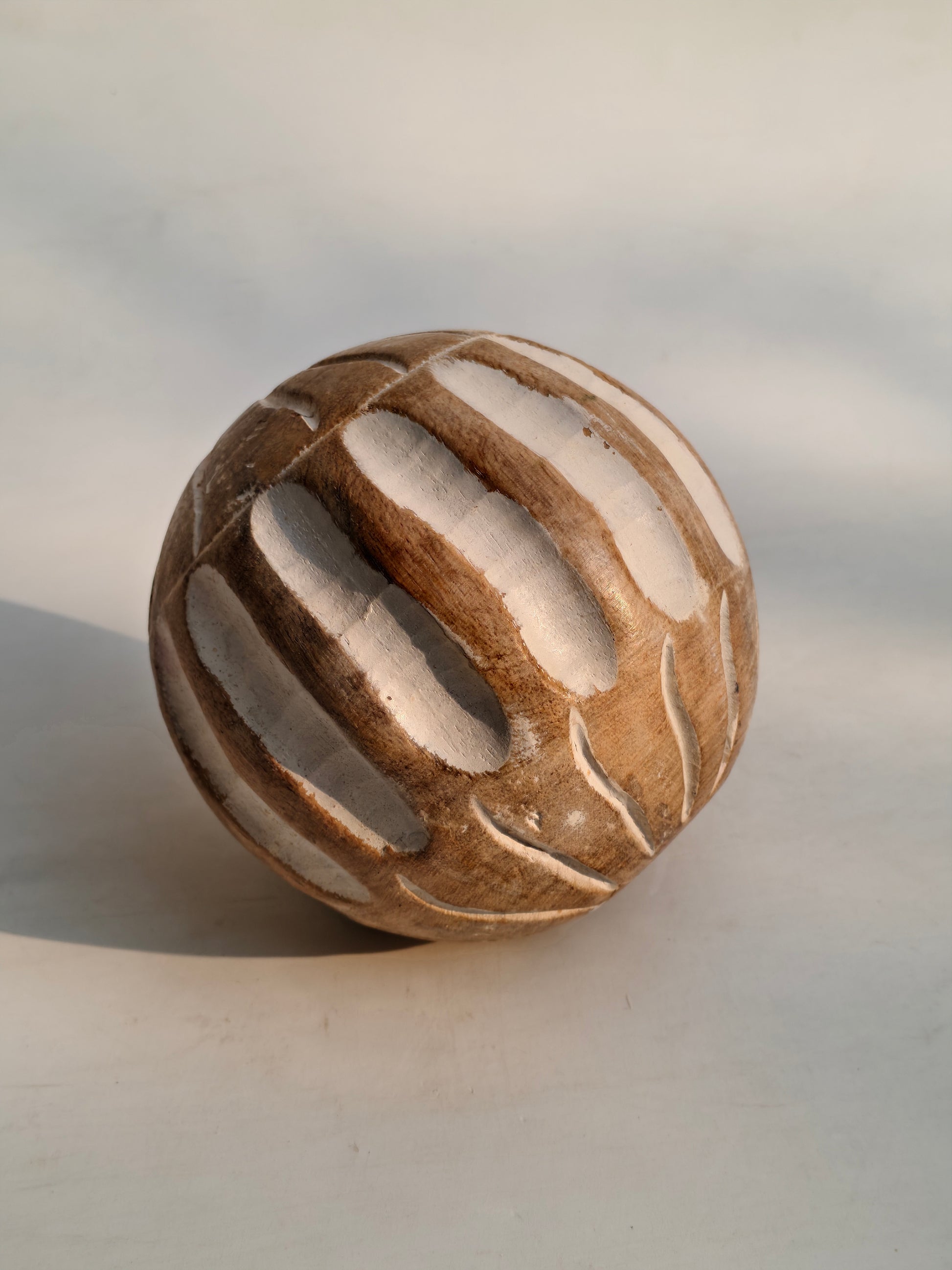 Handcrafted Wooden Decorative Ball – Carved Stripe & Leaf Design