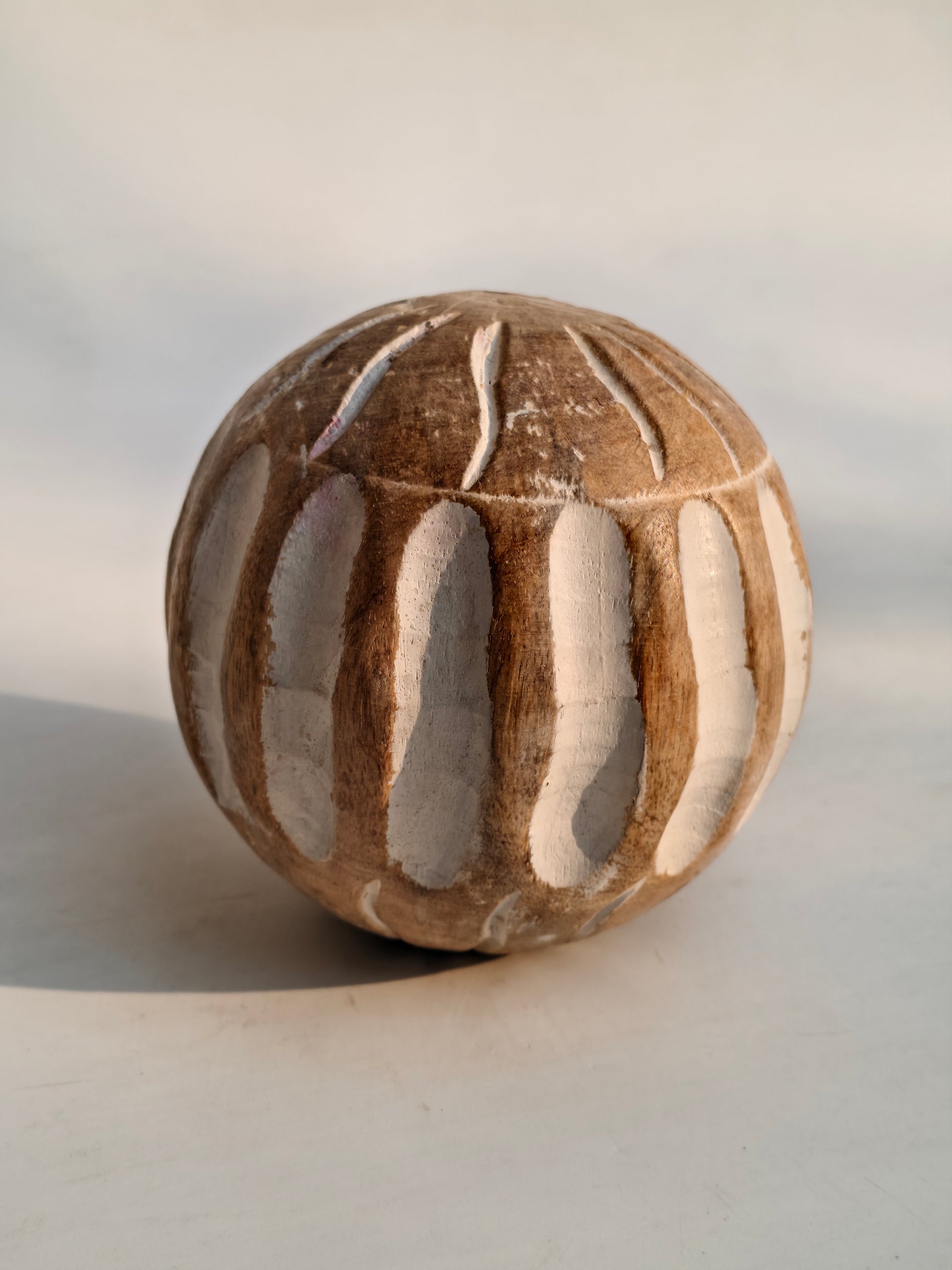 Handcrafted Wooden Decorative Ball – Carved Stripe & Leaf Design