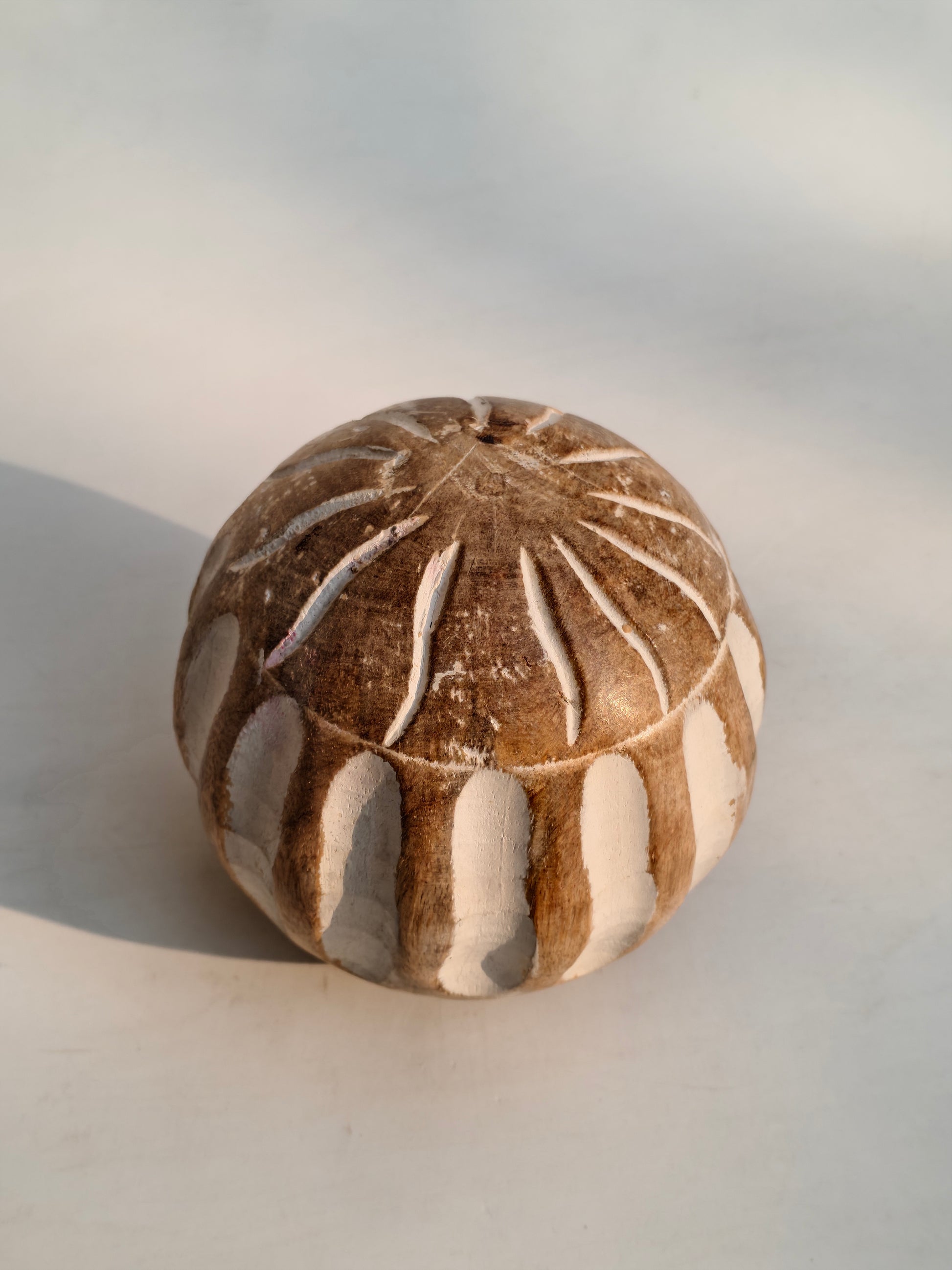 Handcrafted Wooden Decorative Ball – Carved Stripe & Leaf Design