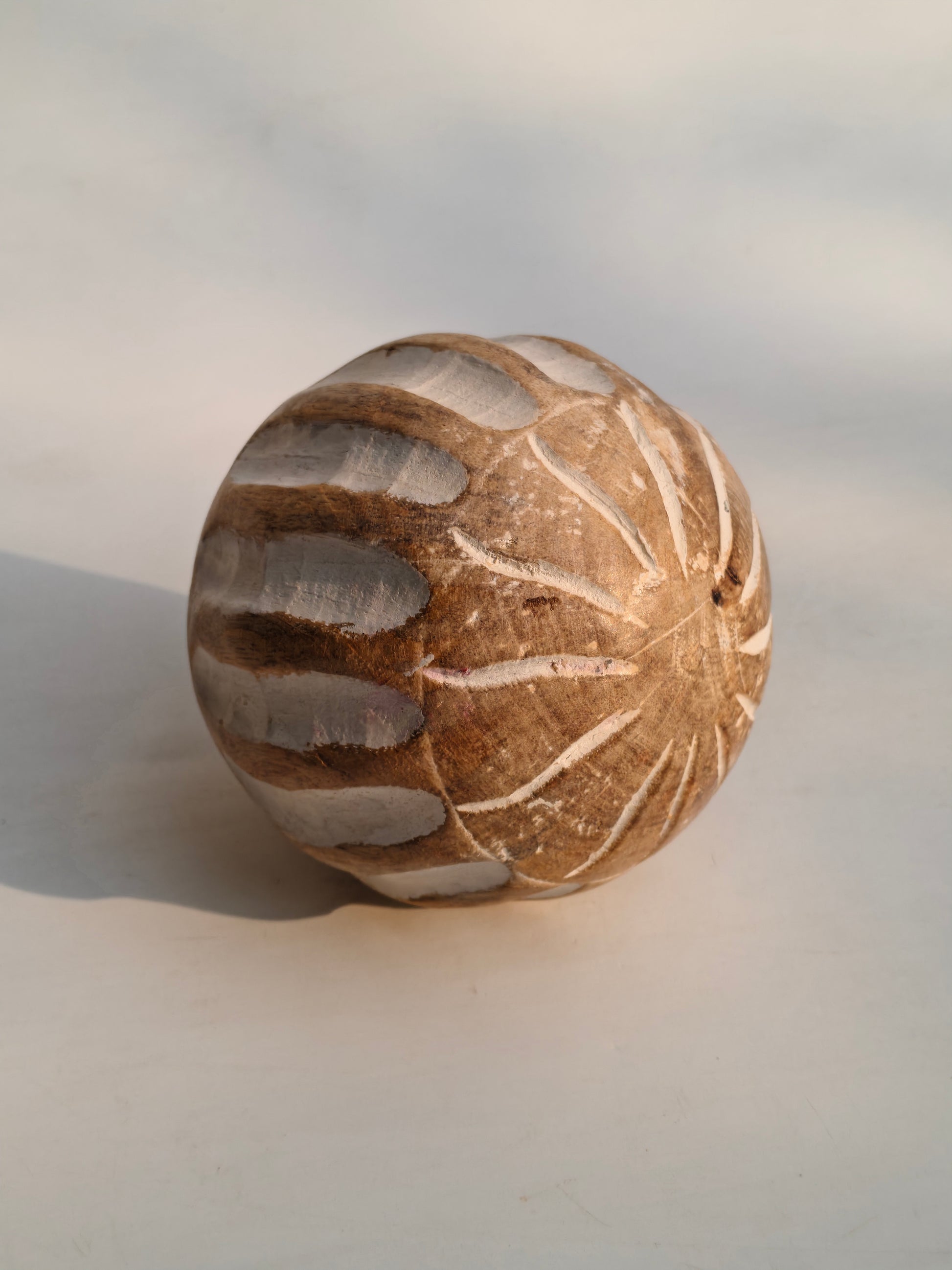 Handcrafted Wooden Decorative Ball – Carved Stripe & Leaf Design