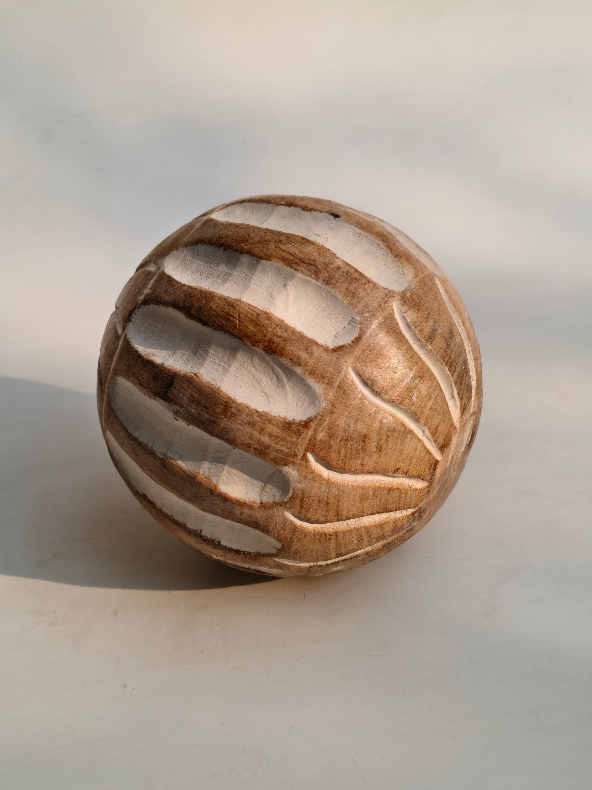 Handcrafted Wooden Decorative Ball – Carved Stripe & Leaf Design