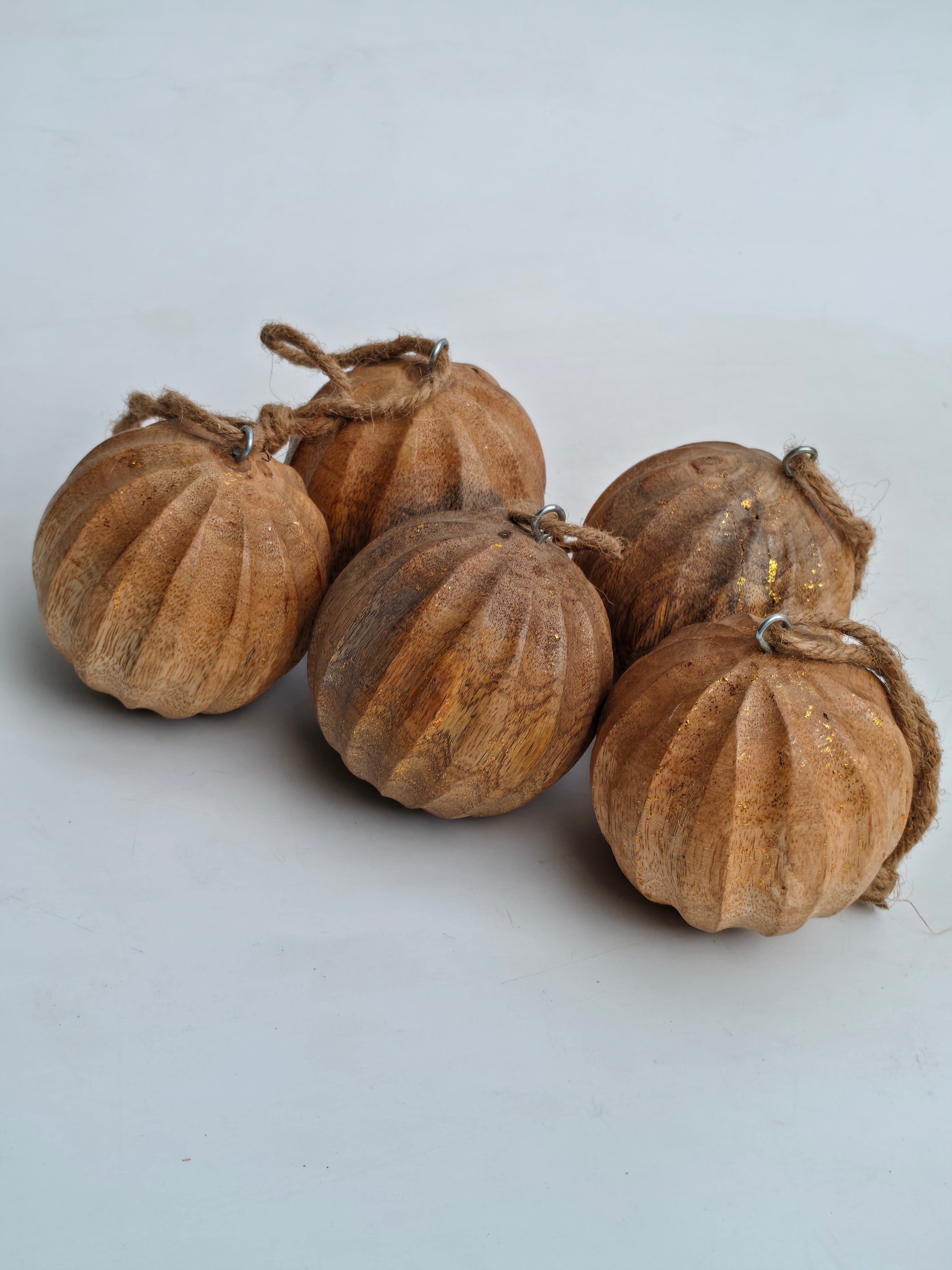 Wooden Hanging Ornaments – Set of 5 Hand-Carved Décor Balls