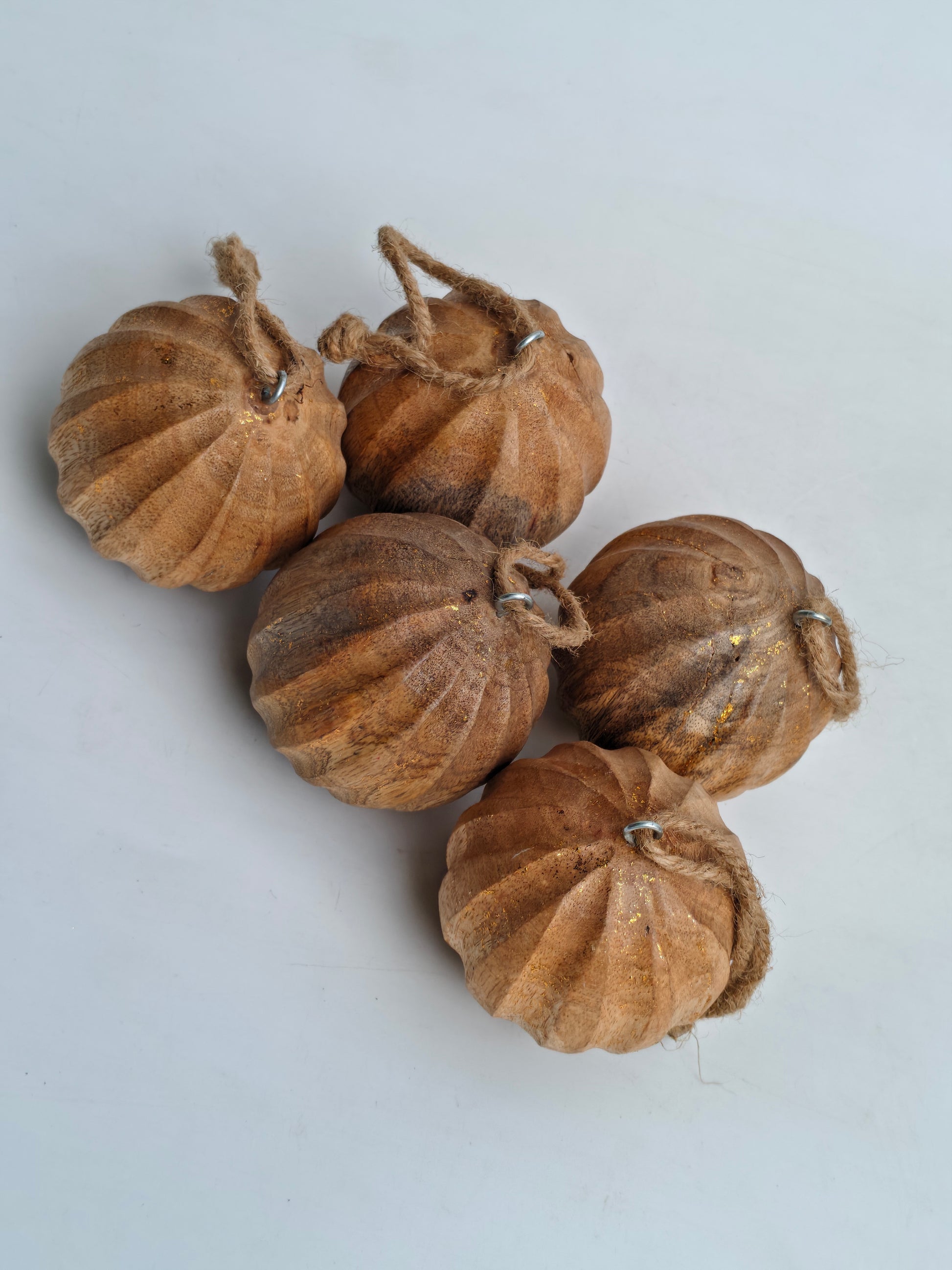 Wooden Hanging Ornaments – Set of 5 Hand-Carved Décor Balls