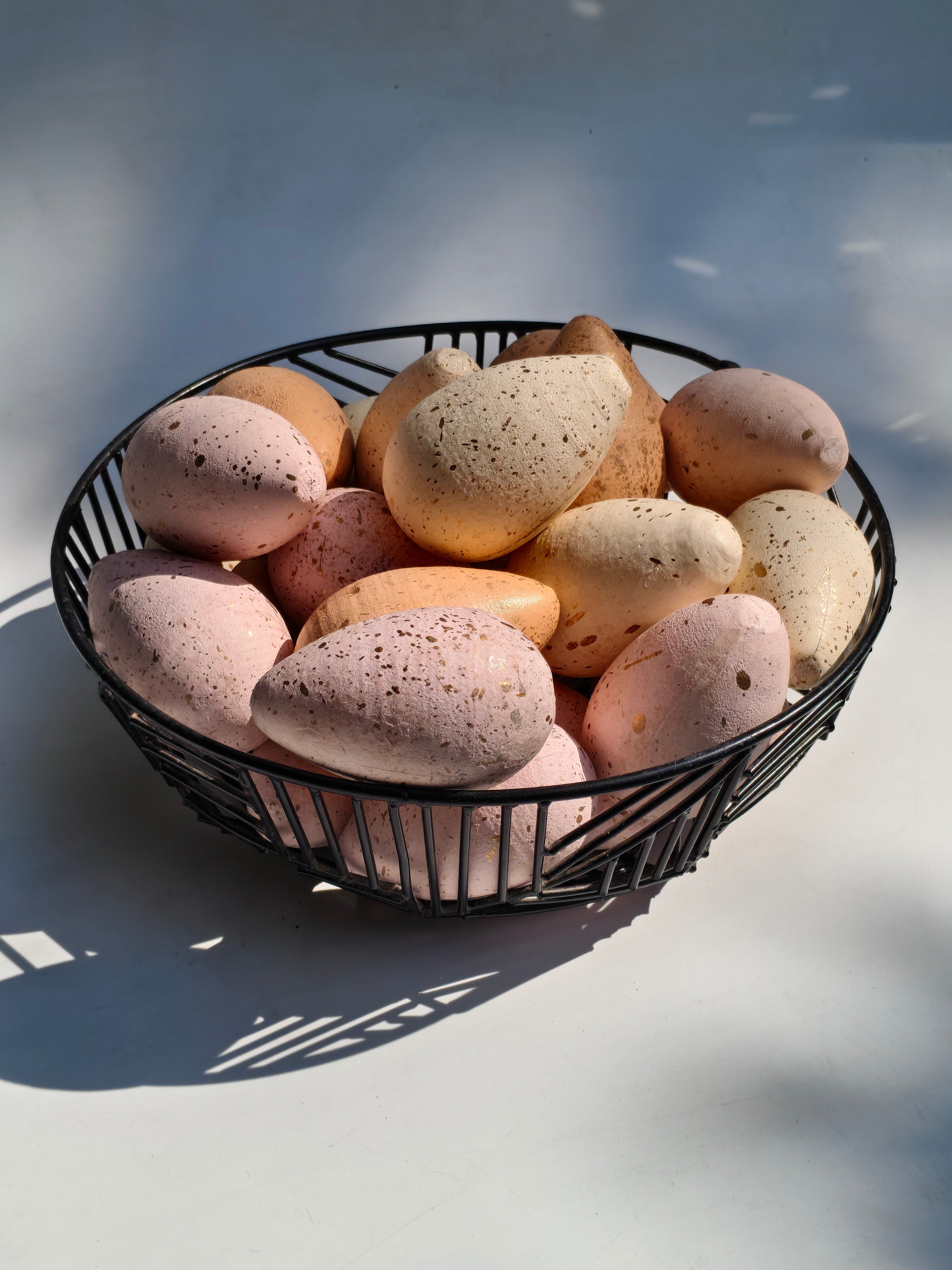 Natural Wood Speckled Decorative Eggs Set of 8 in Knitted Jute Pouch | Artisan Hand Painted Sustainable Home Decor Accents