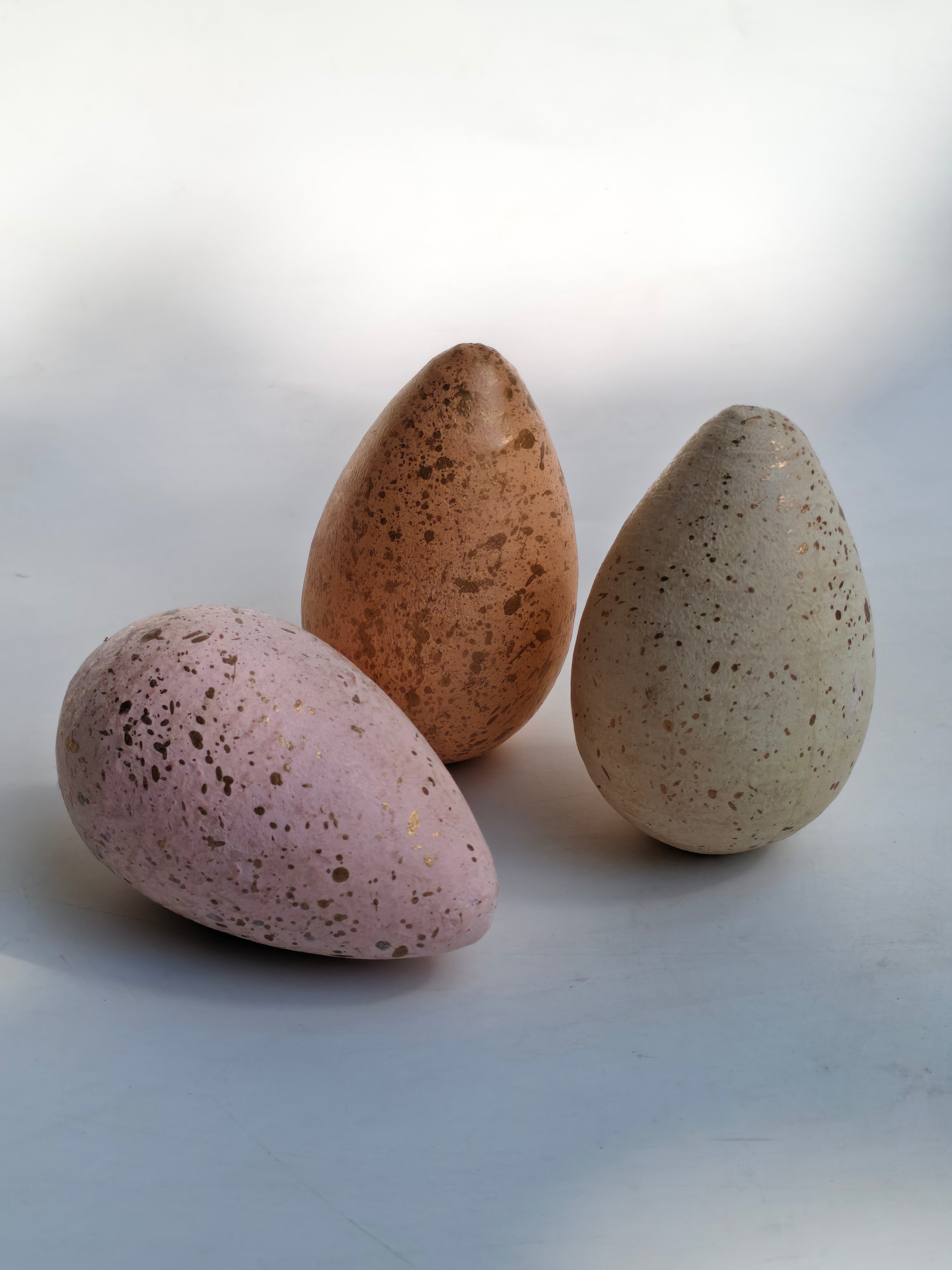 Natural Wood Speckled Decorative Eggs Set of 8 in Knitted Jute Pouch | Artisan Hand Painted Sustainable Home Decor Accents