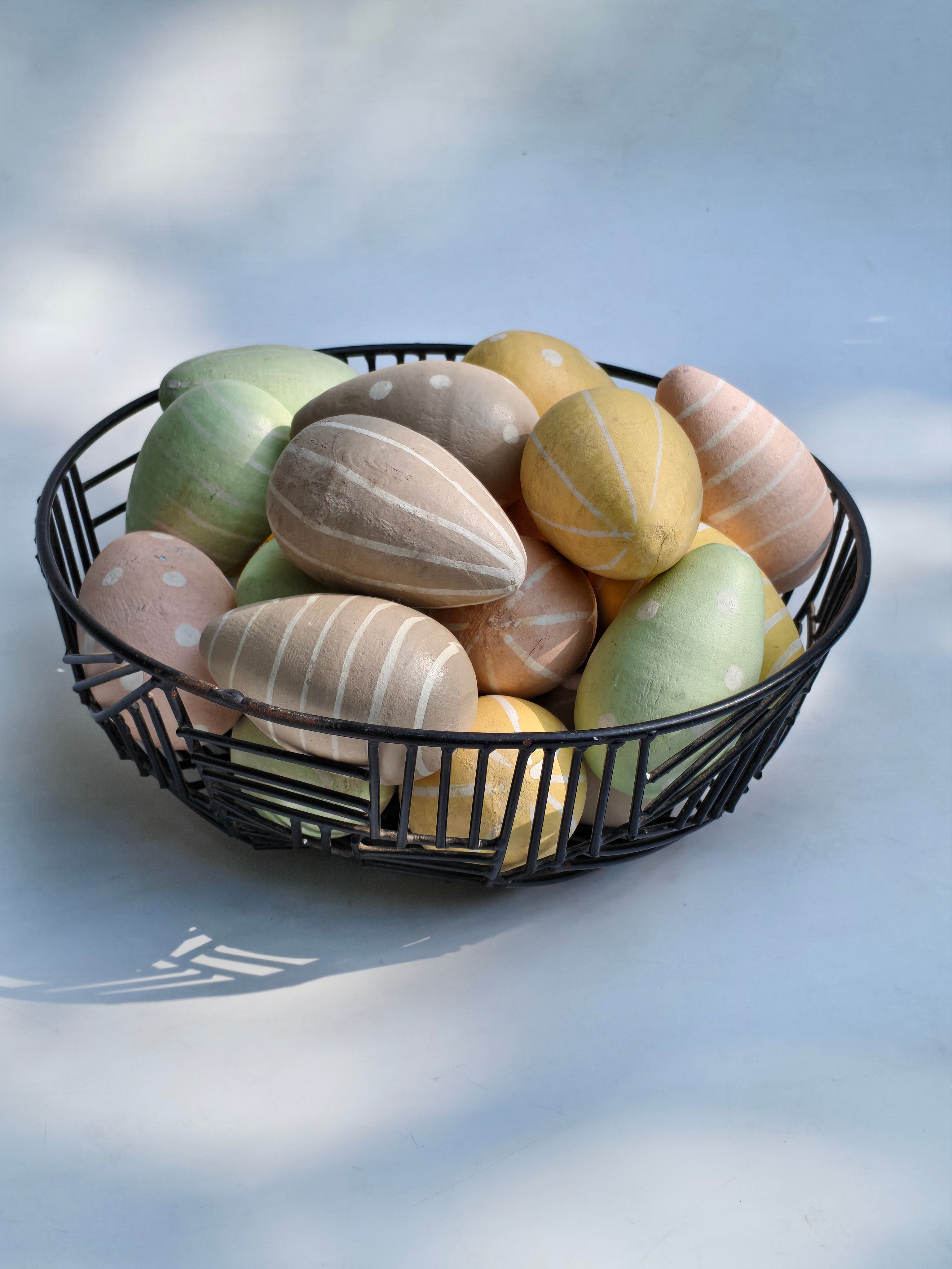 Claire Martin Studios Pastel Hand-Painted Decorative Wooden Eggs – Set of 8 with Storage Box | Natural Tones for Bowl Filling & Festive Decor
