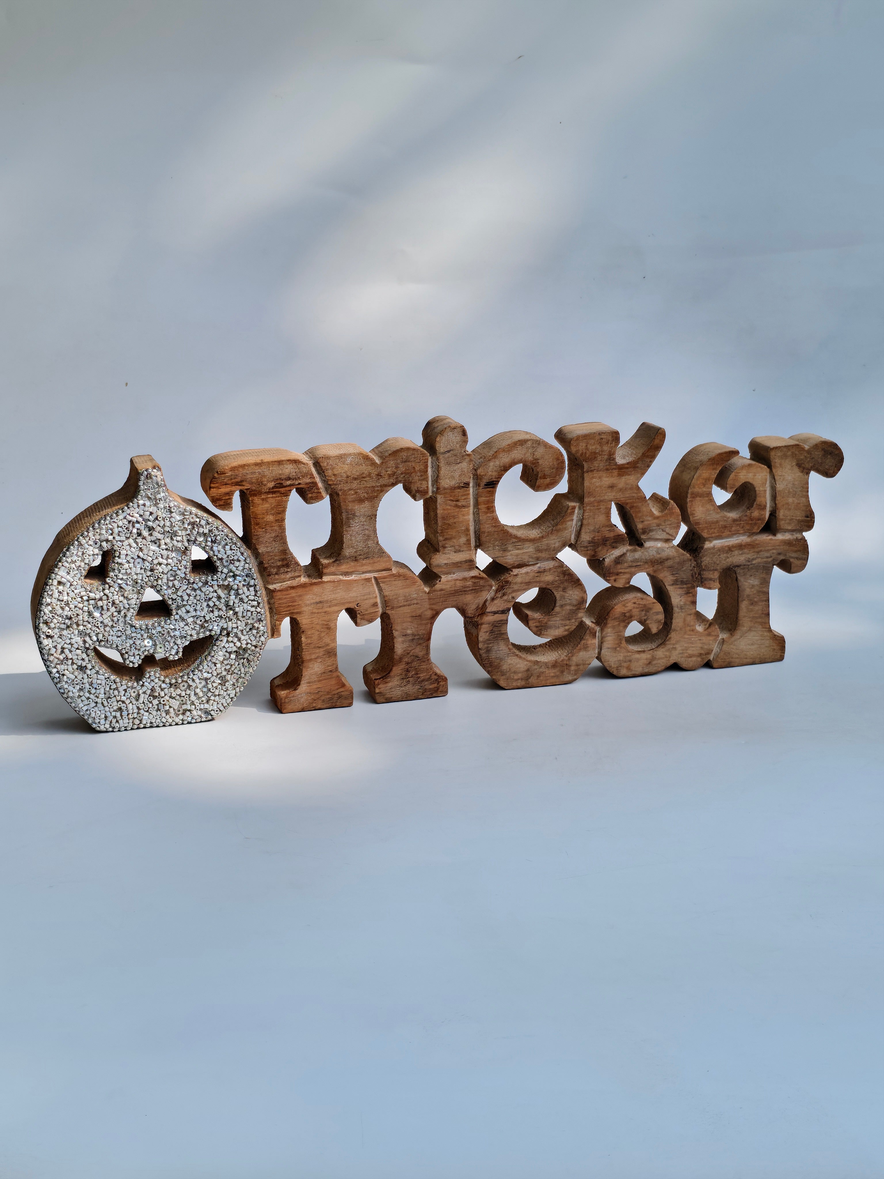 Wooden "Trick or Treat" with Glitter Pumpkin