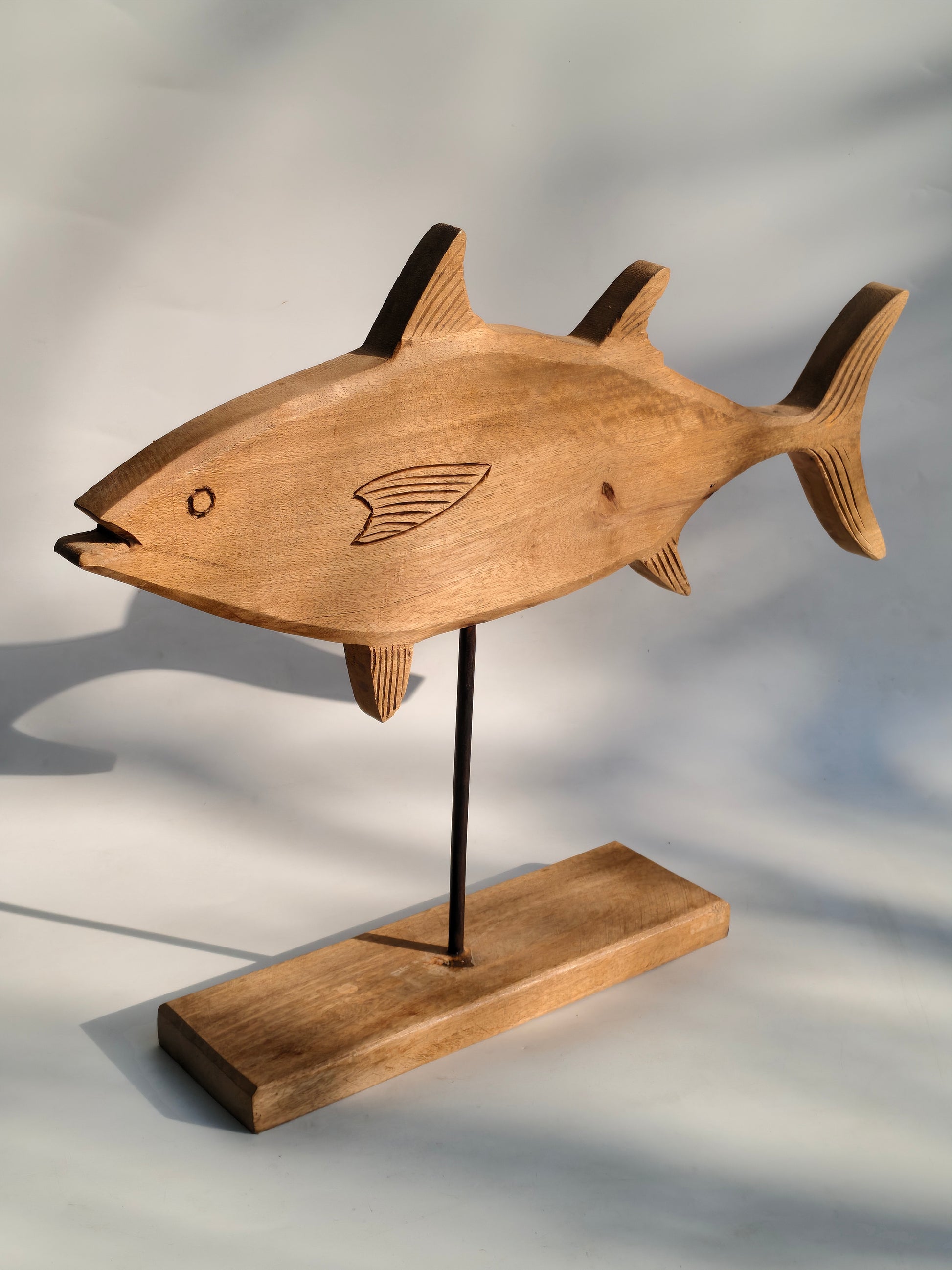 Large Hand-Carved Wooden Tuna Fish Sculpture
