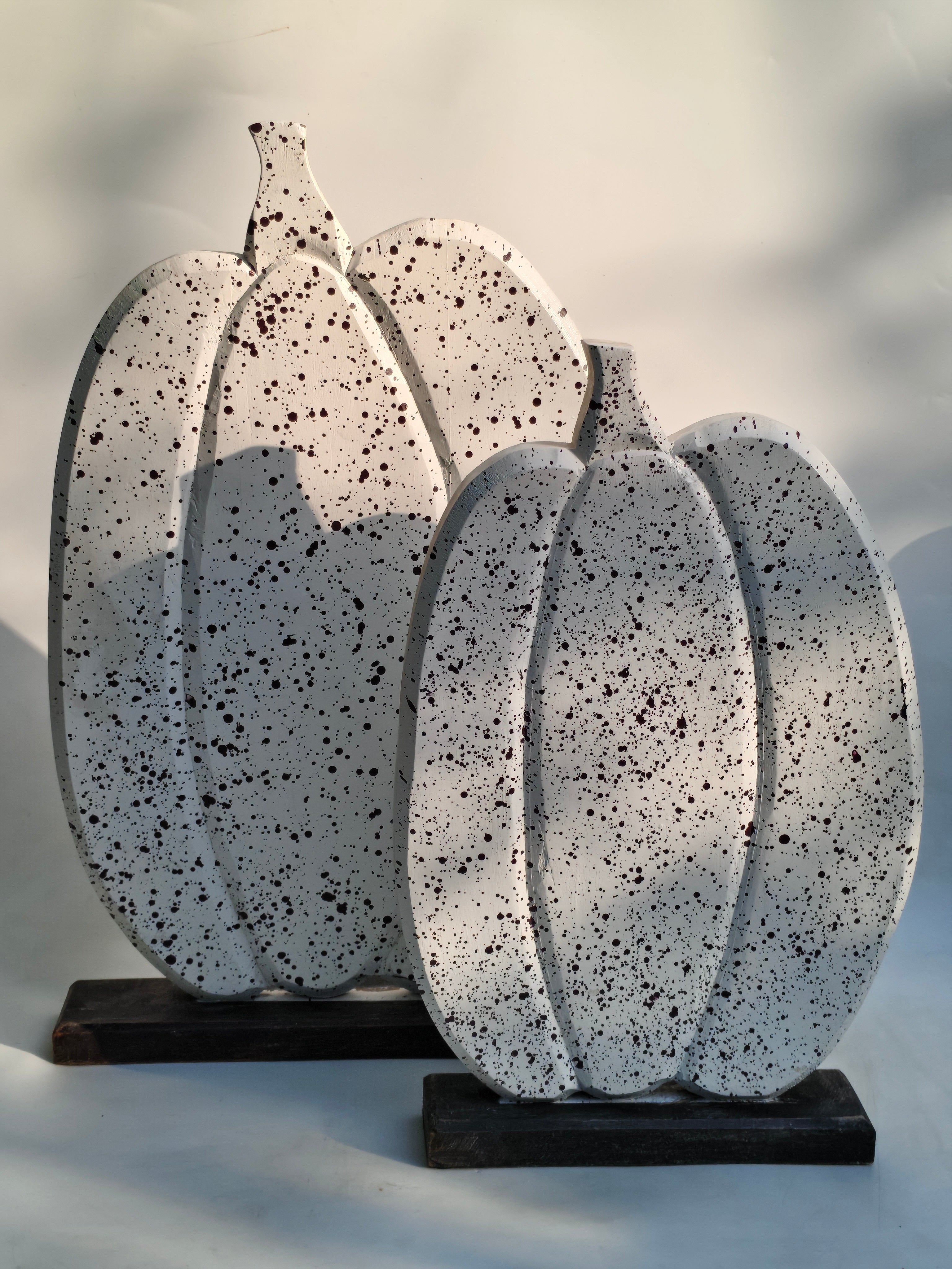 Speckled White Wooden Pumpkins | Layered Freestanding Rustic Decor Duo:Set of 2
