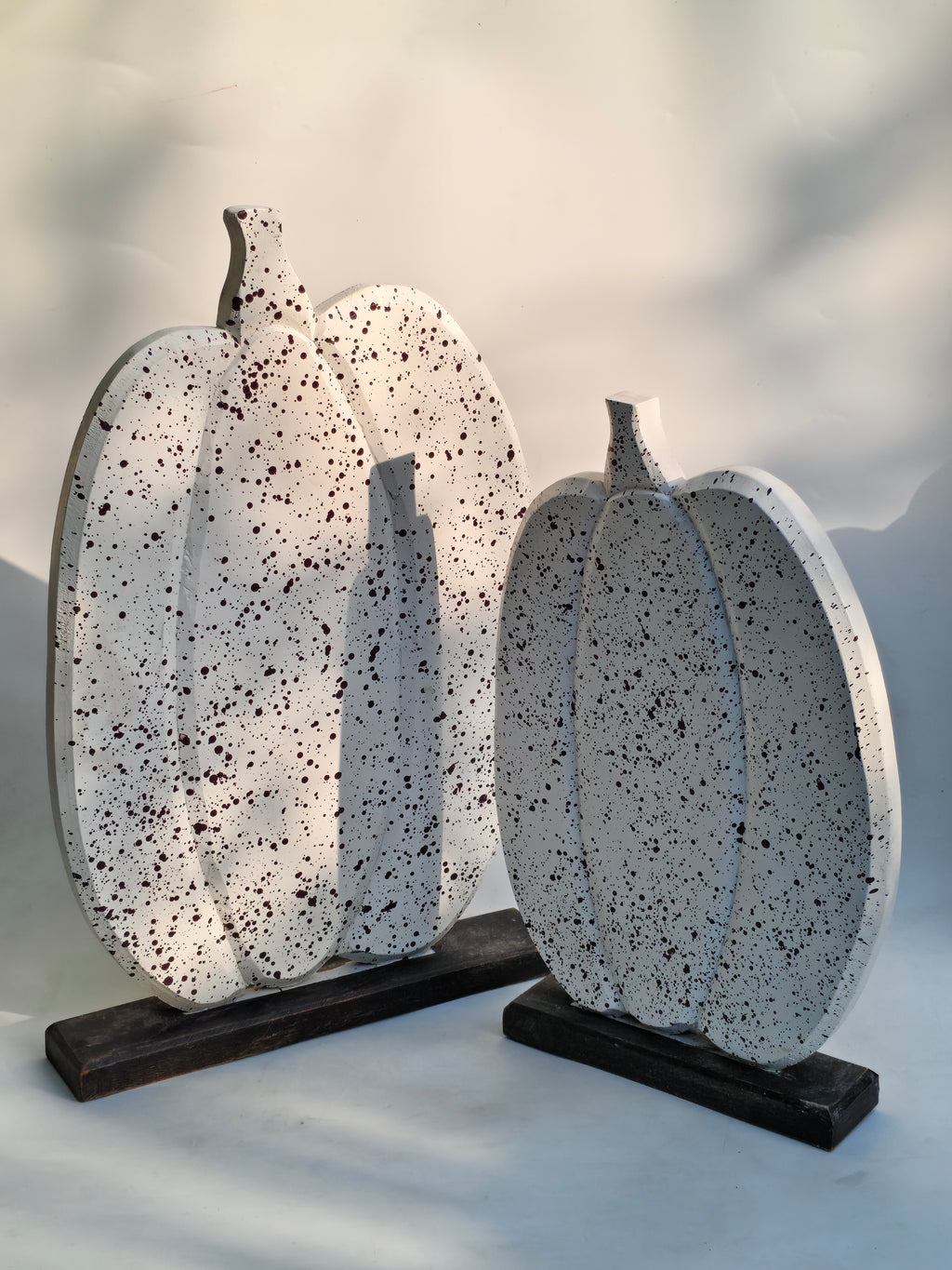 Speckled White Wooden Pumpkins | Layered Freestanding Rustic Decor Duo:Set of 2