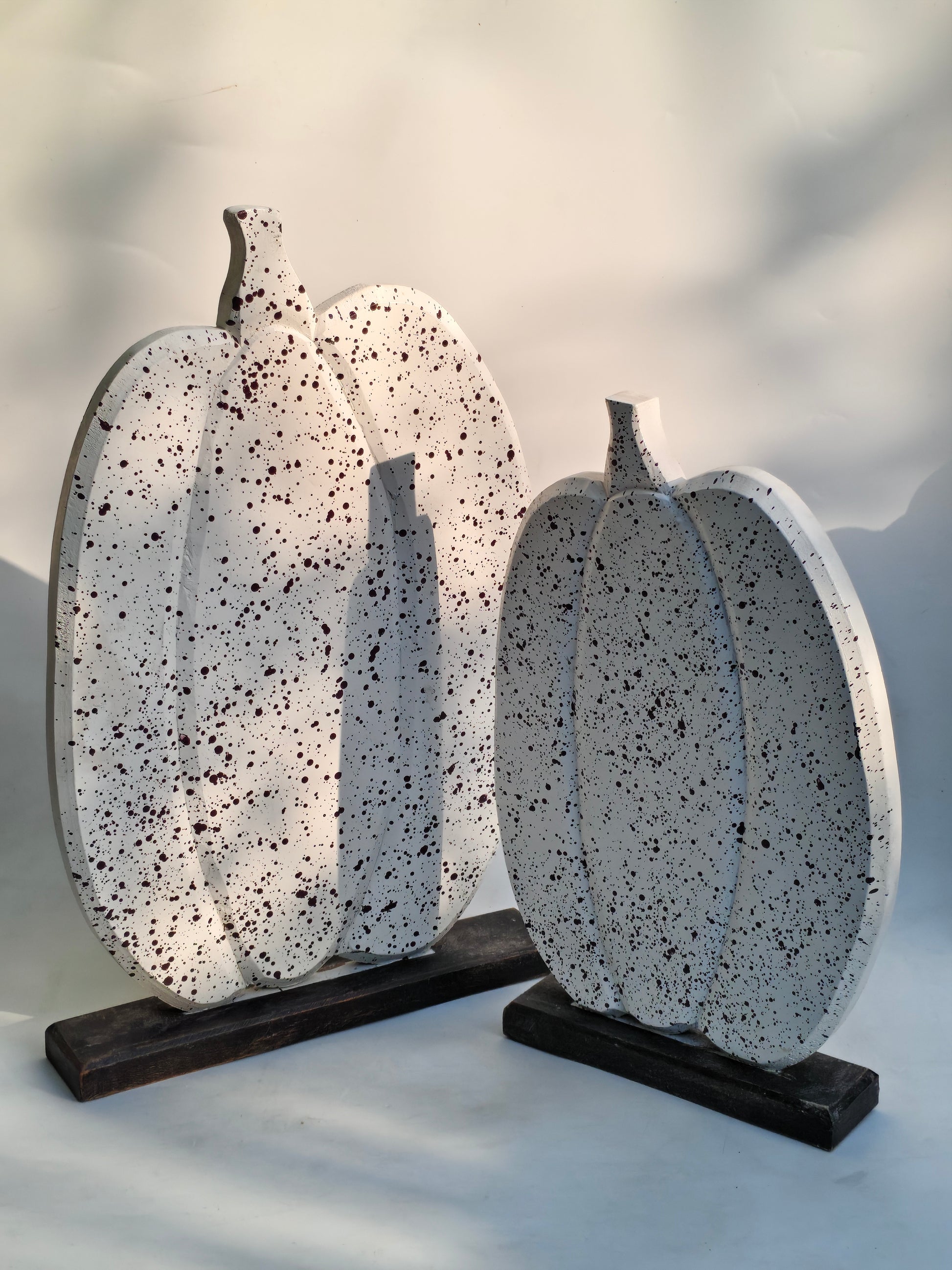 Speckled White Wooden Pumpkins | Layered Freestanding Rustic Decor Duo:Set of 2