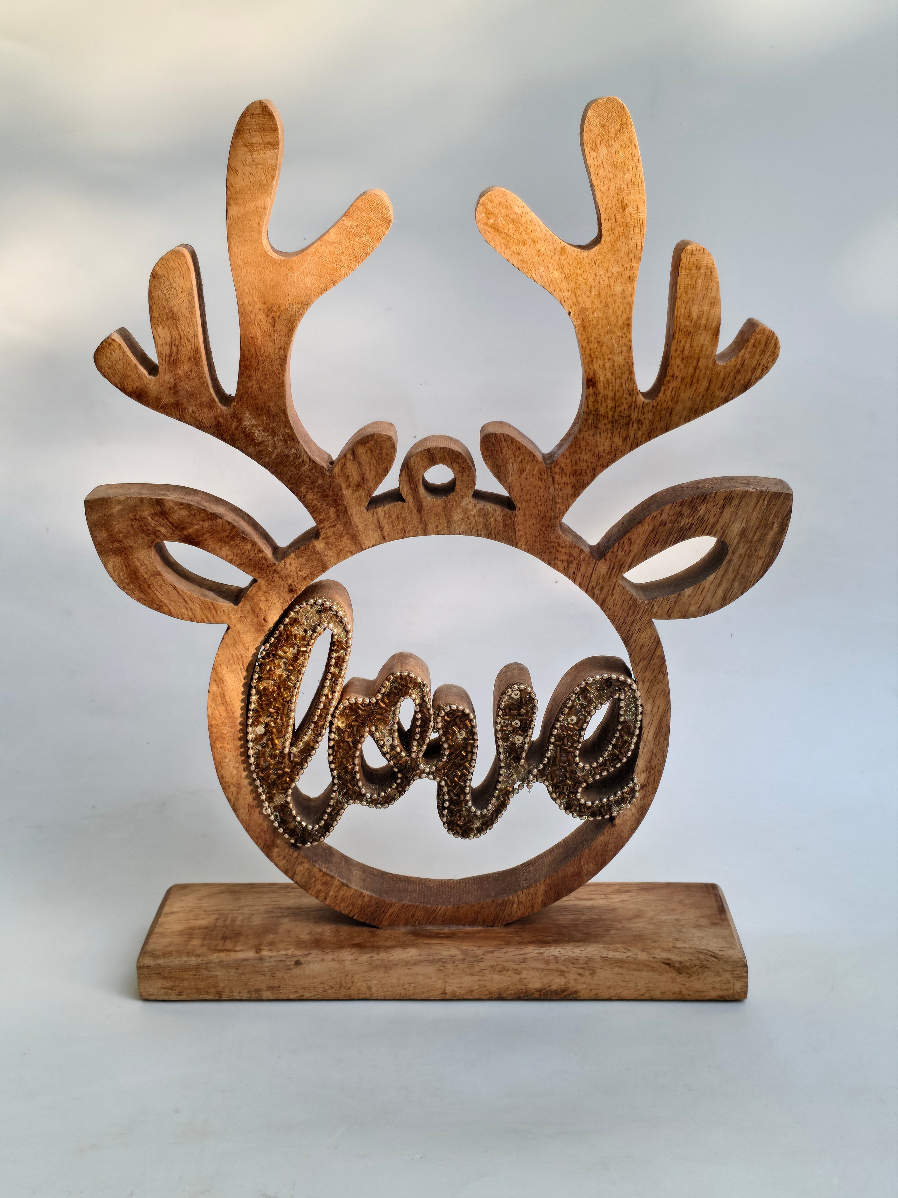 Rustic Wooden Reindeer LOVE Figurine