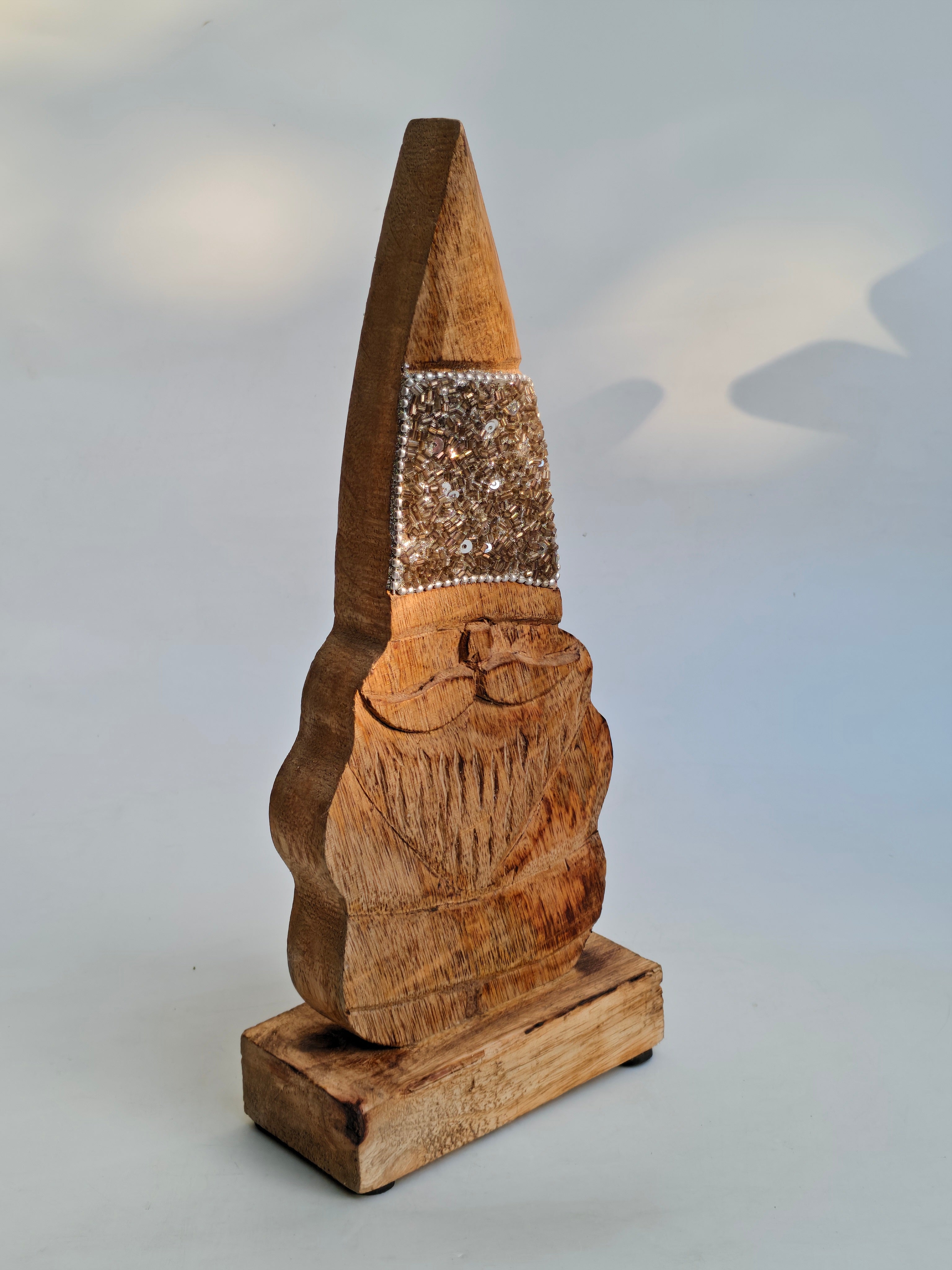 Hand-Carved Wooden Gnome with Sparkle Hat