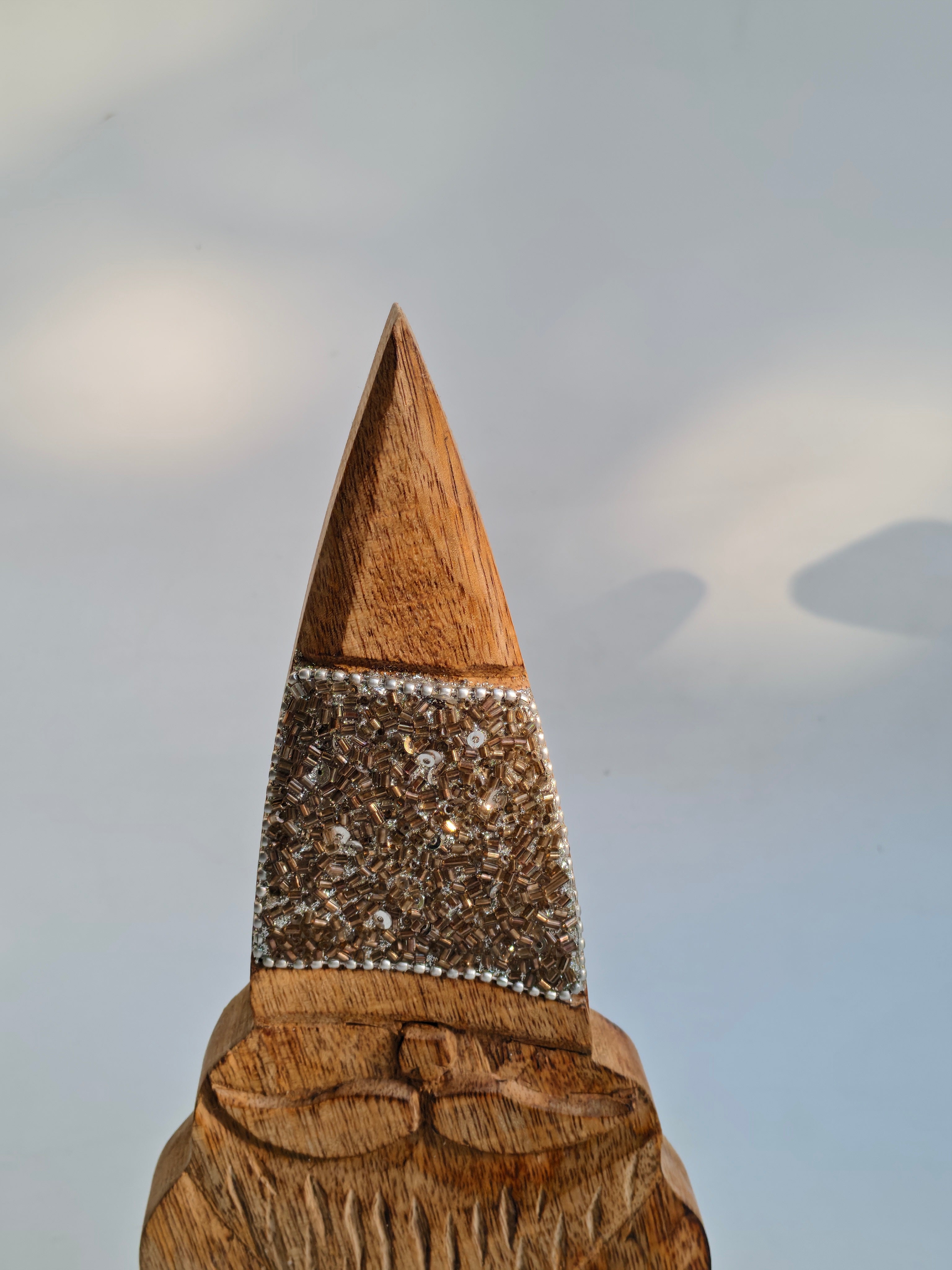 Hand-Carved Wooden Gnome with Sparkle Hat