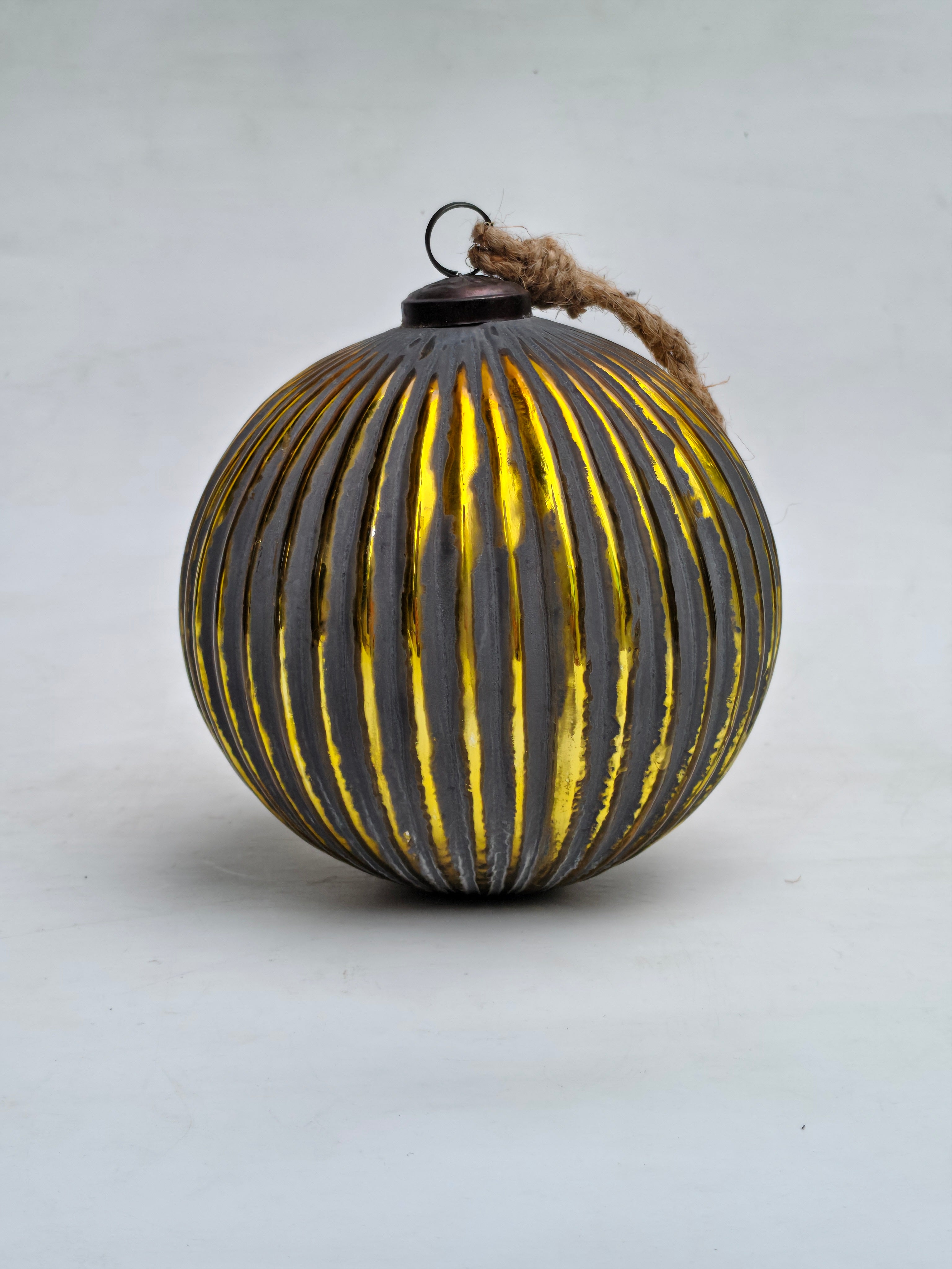 Large Ribbed Mercury Glass Ornament - Jute Rope Hanger