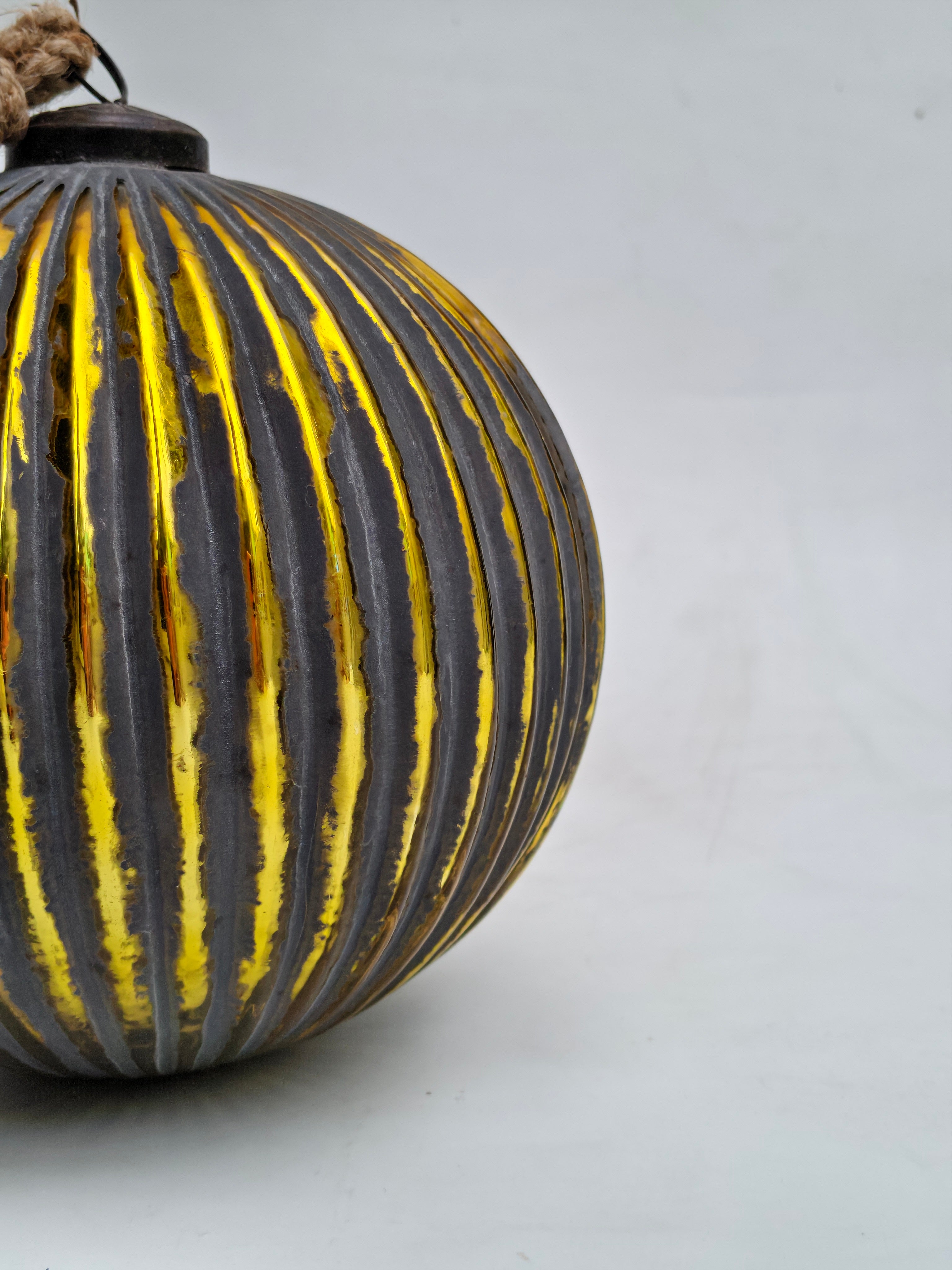 Large Ribbed Mercury Glass Ornament - Jute Rope Hanger