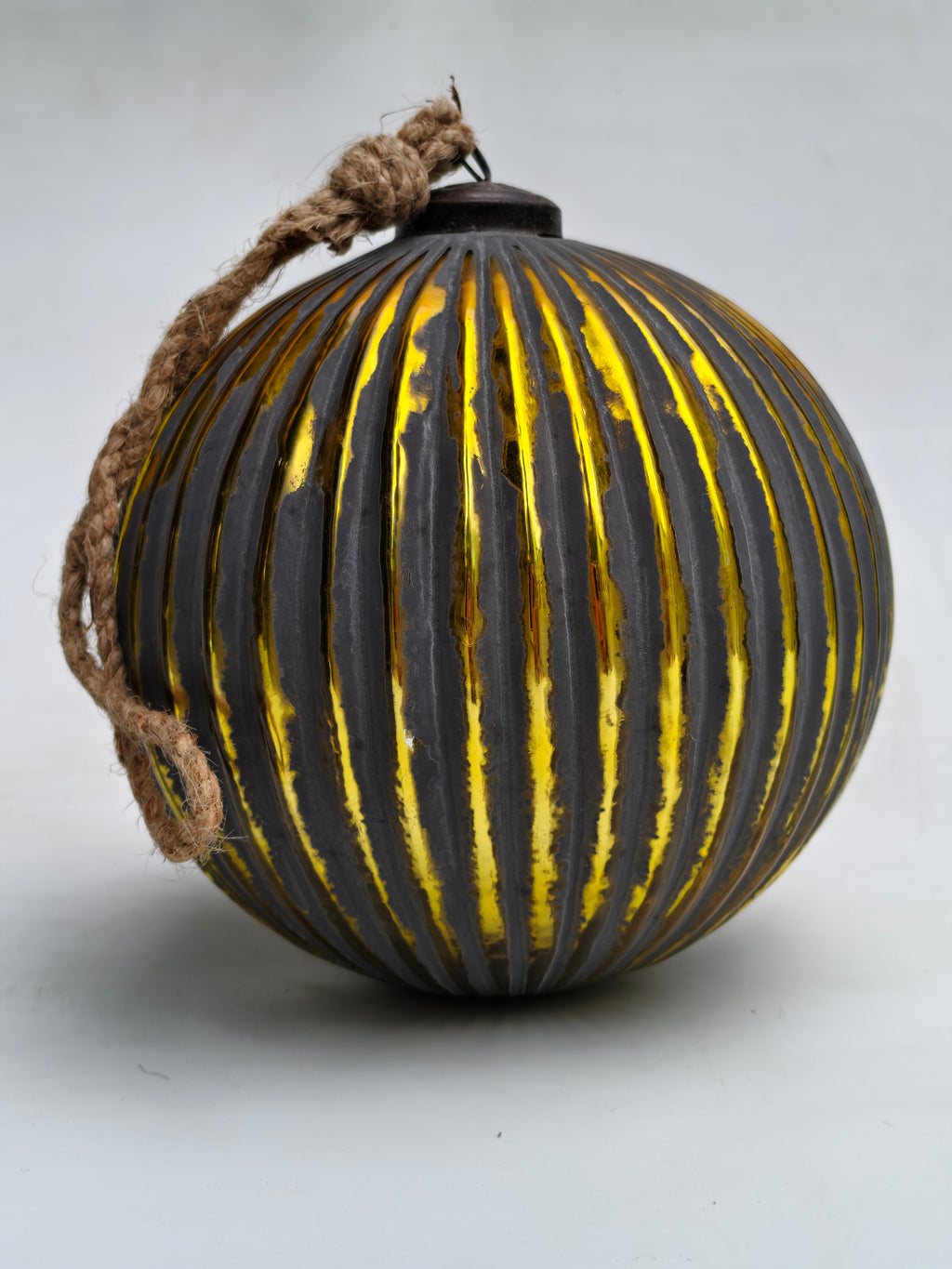 Large Ribbed Mercury Glass Ornament - Jute Rope Hanger