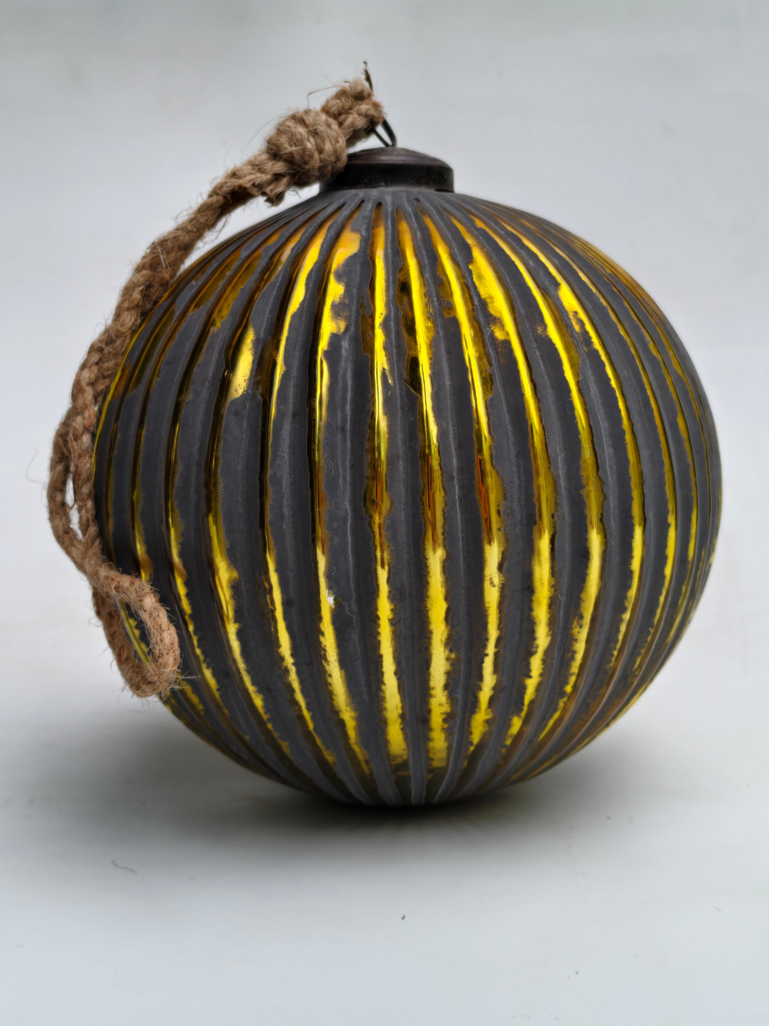Large Ribbed Mercury Glass Ornament - Jute Rope Hanger