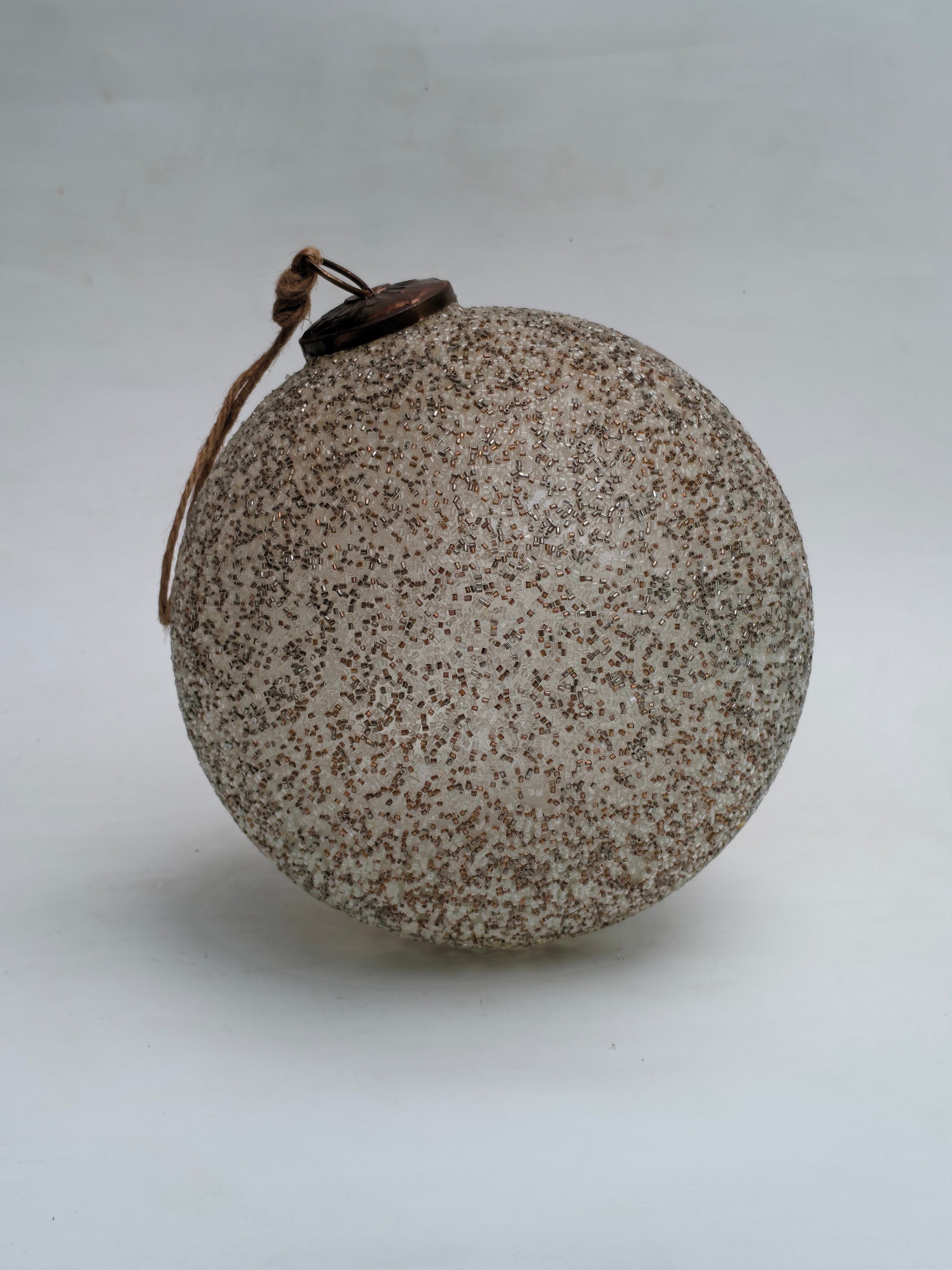 Large Beaded White & Gold Sphere Ornament "Textured Glass Accent Ball Decor"