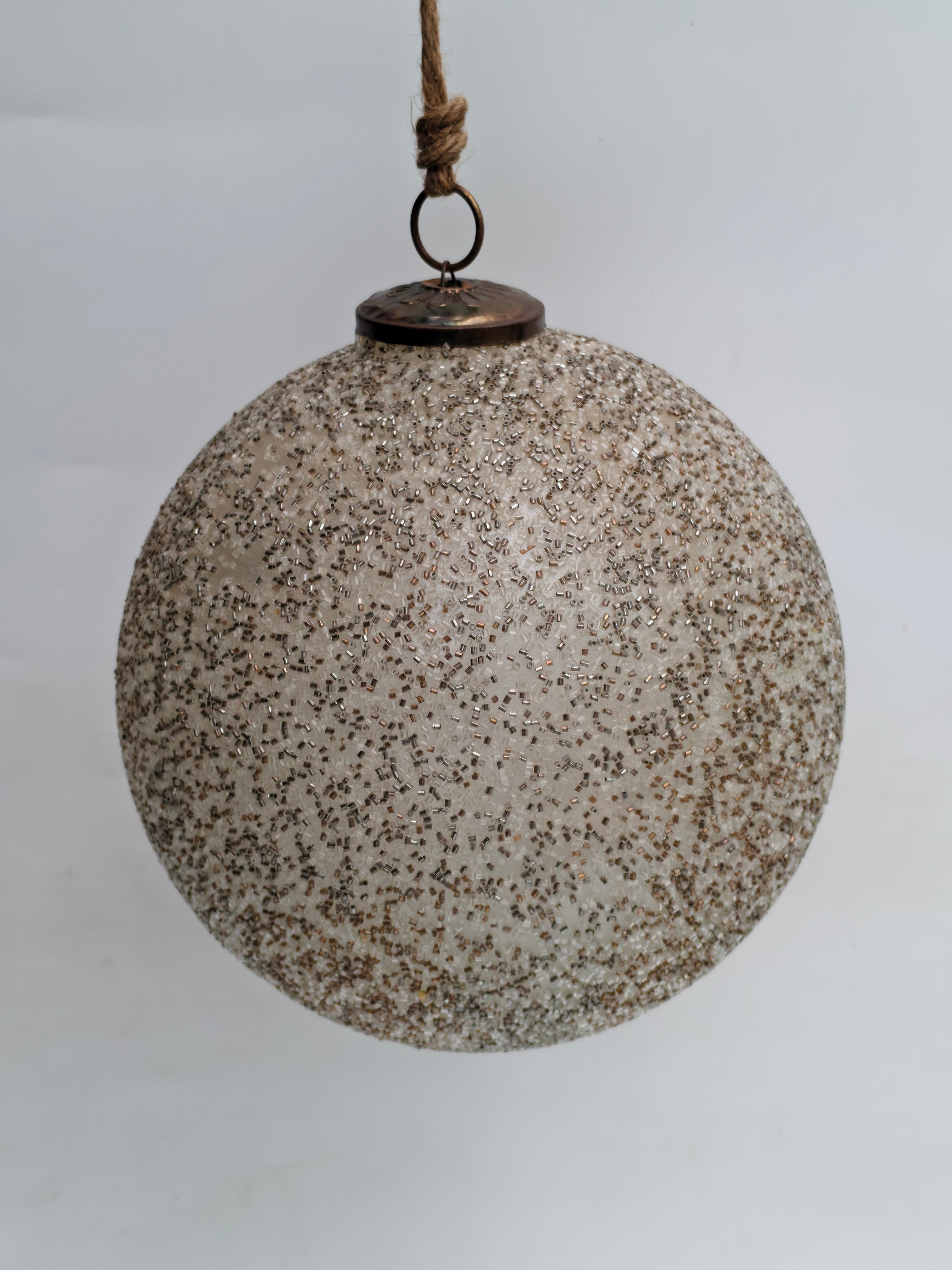 Large Beaded White & Gold Sphere Ornament "Textured Glass Accent Ball Decor"