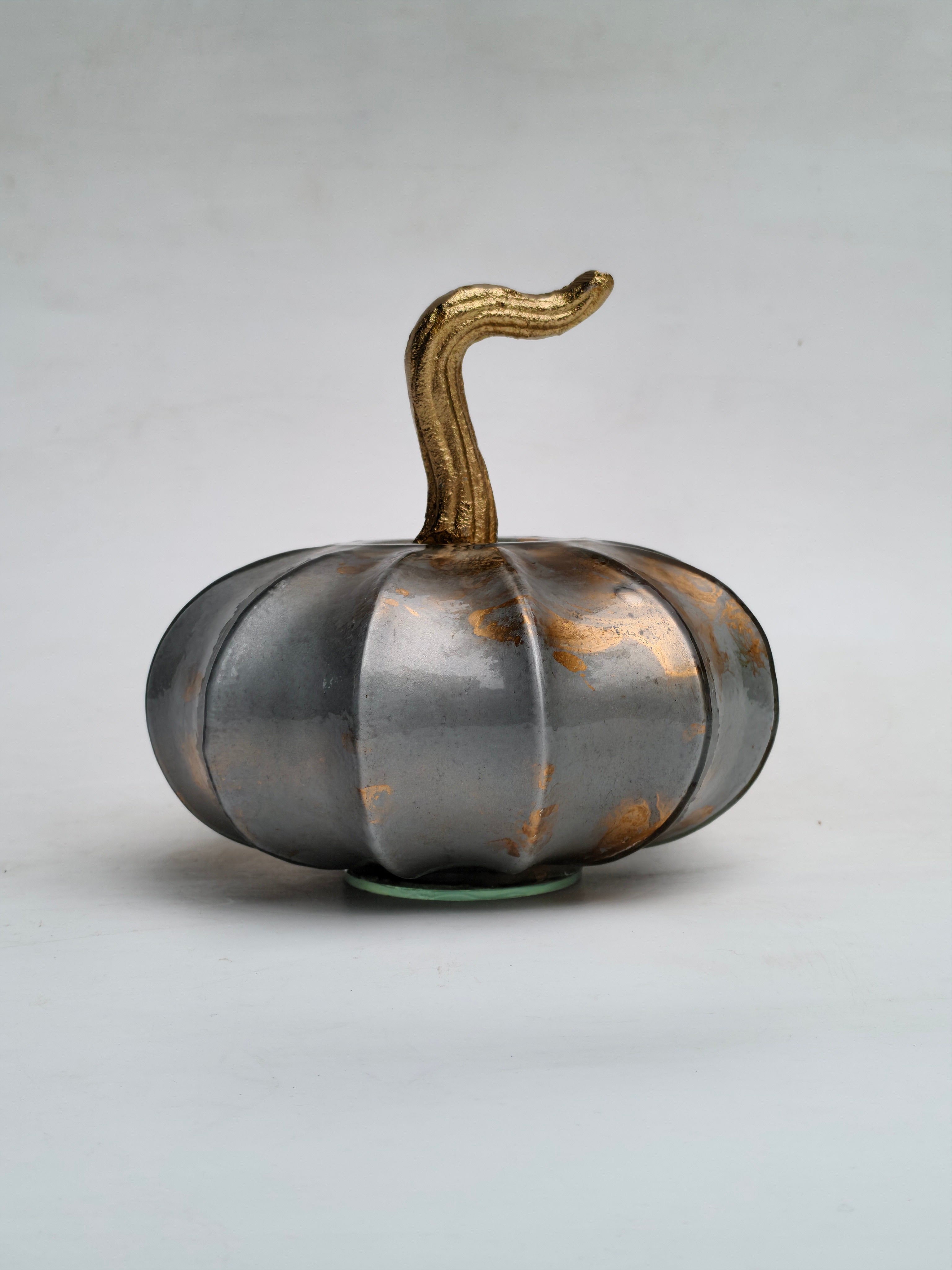 Wide Distressed Silver & Gold Pumpkin Decor "Metallic Handcrafted Glass Showpiece"