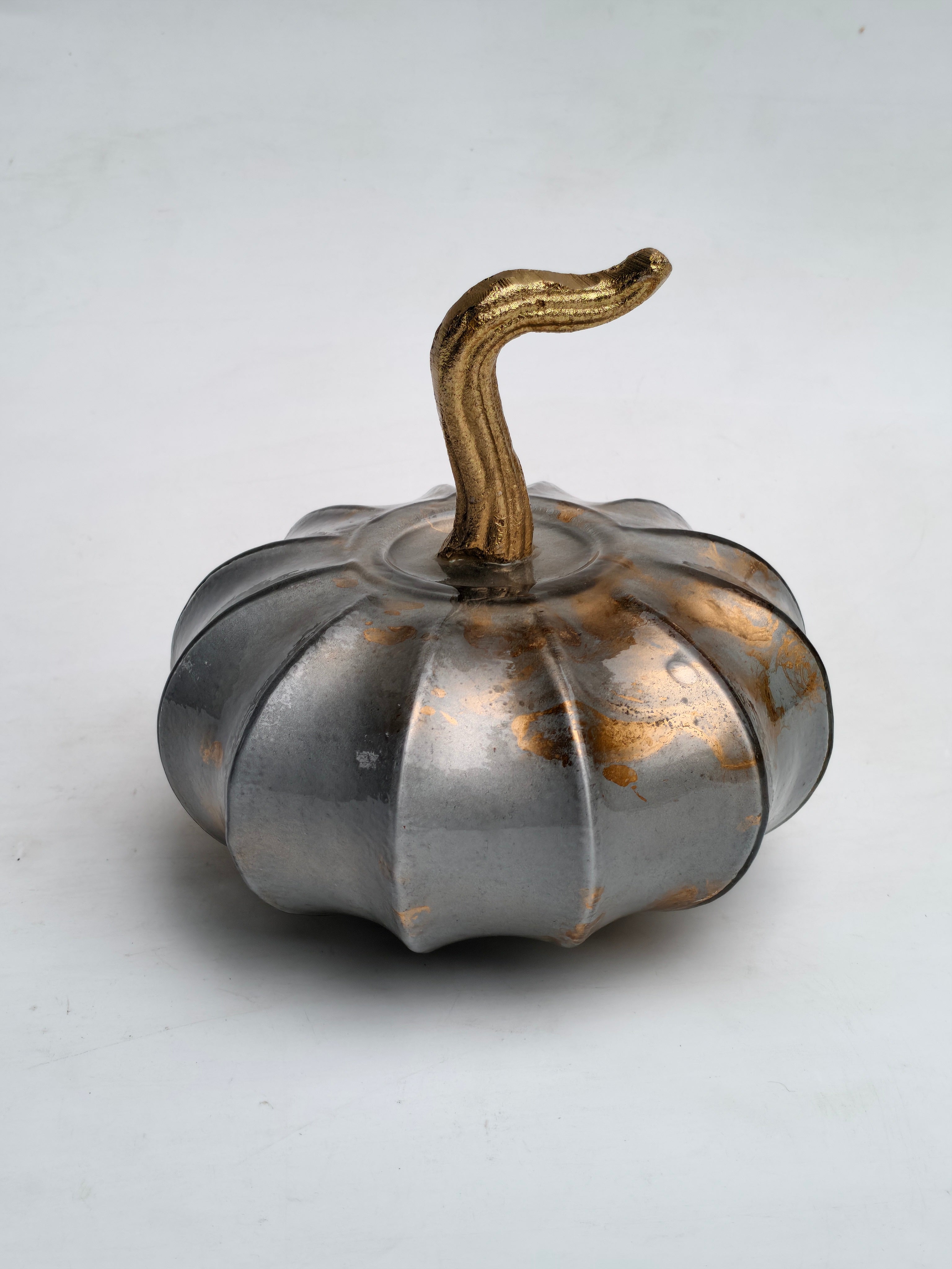 Wide Distressed Silver & Gold Pumpkin Decor "Metallic Handcrafted Glass Showpiece"