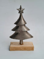 Set of 2 Metal Christmas Tree Figurines with Wooden Base