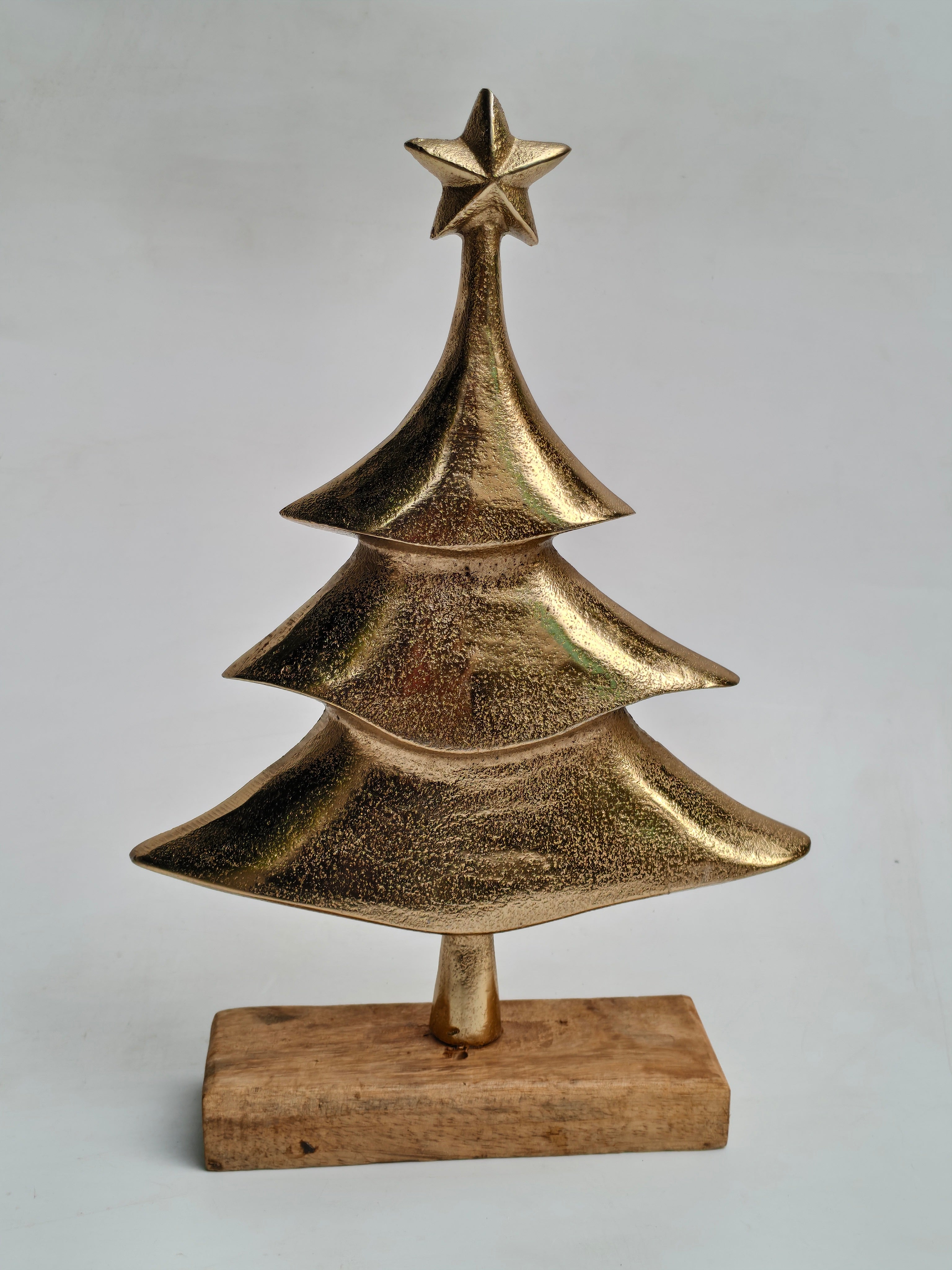 Set of 2 Metal Christmas Tree Figurines with Wooden Base | Gold & Silver Festive Table Décor