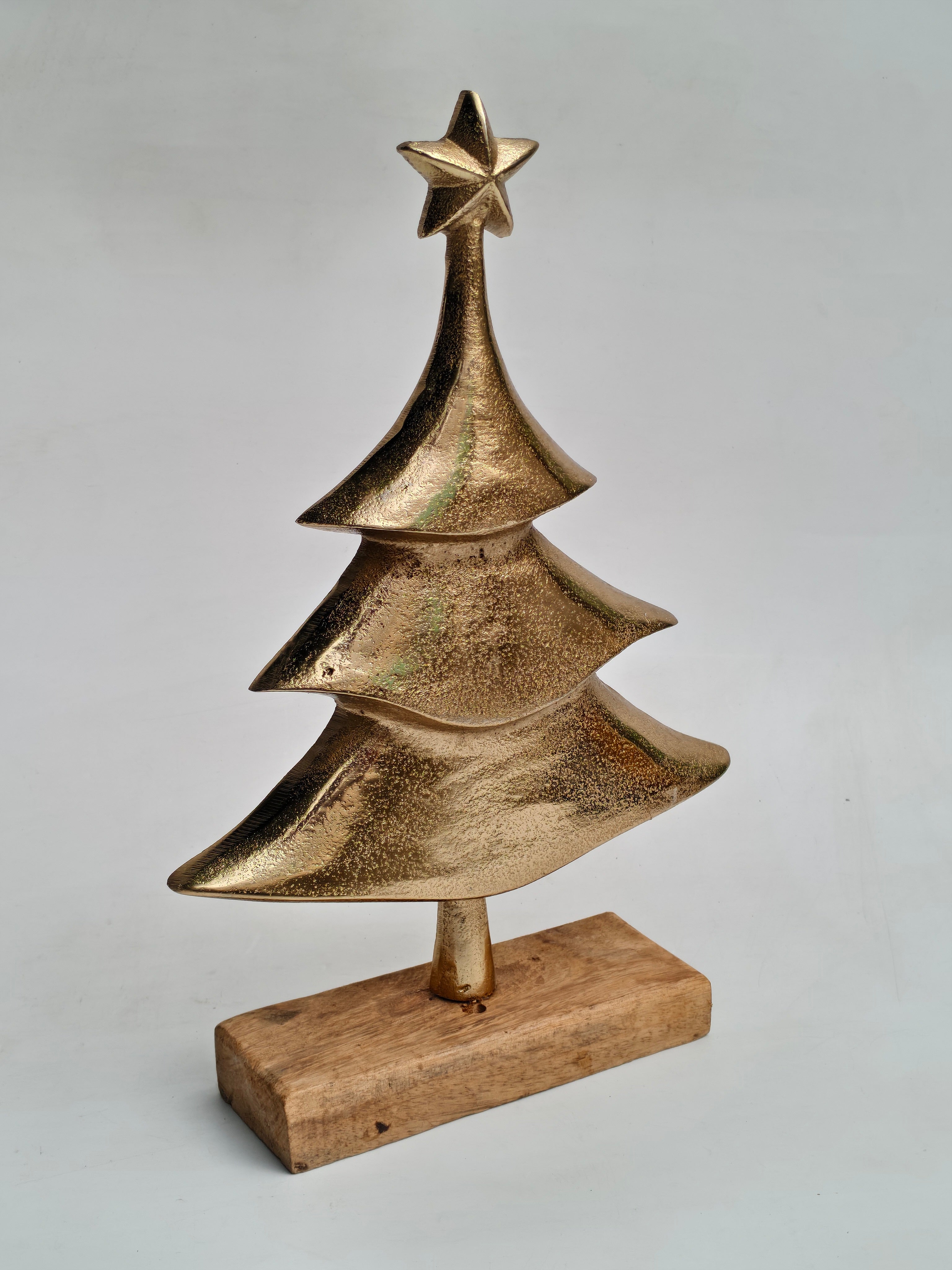 Set of 2 Metal Christmas Tree Figurines with Wooden Base | Gold & Silver Festive Table Décor