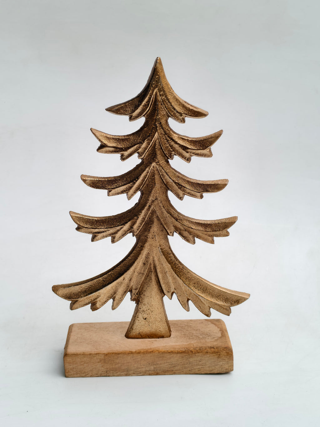 Set of 2 Golden Metal Christmas Trees with Wooden Base