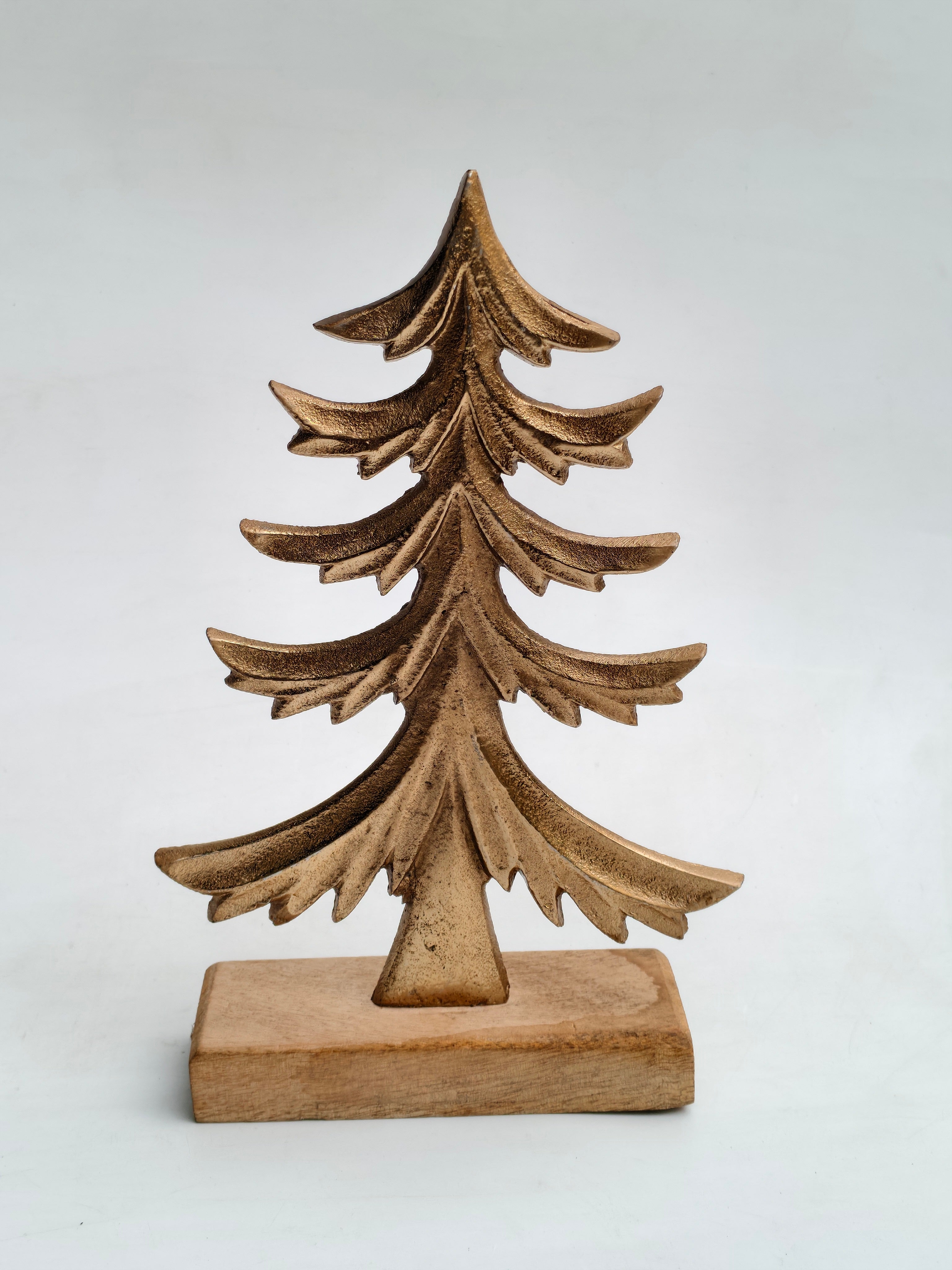 Set of 2 Golden Metal Christmas Trees with Wooden Base | Elegant Festive Table Décor