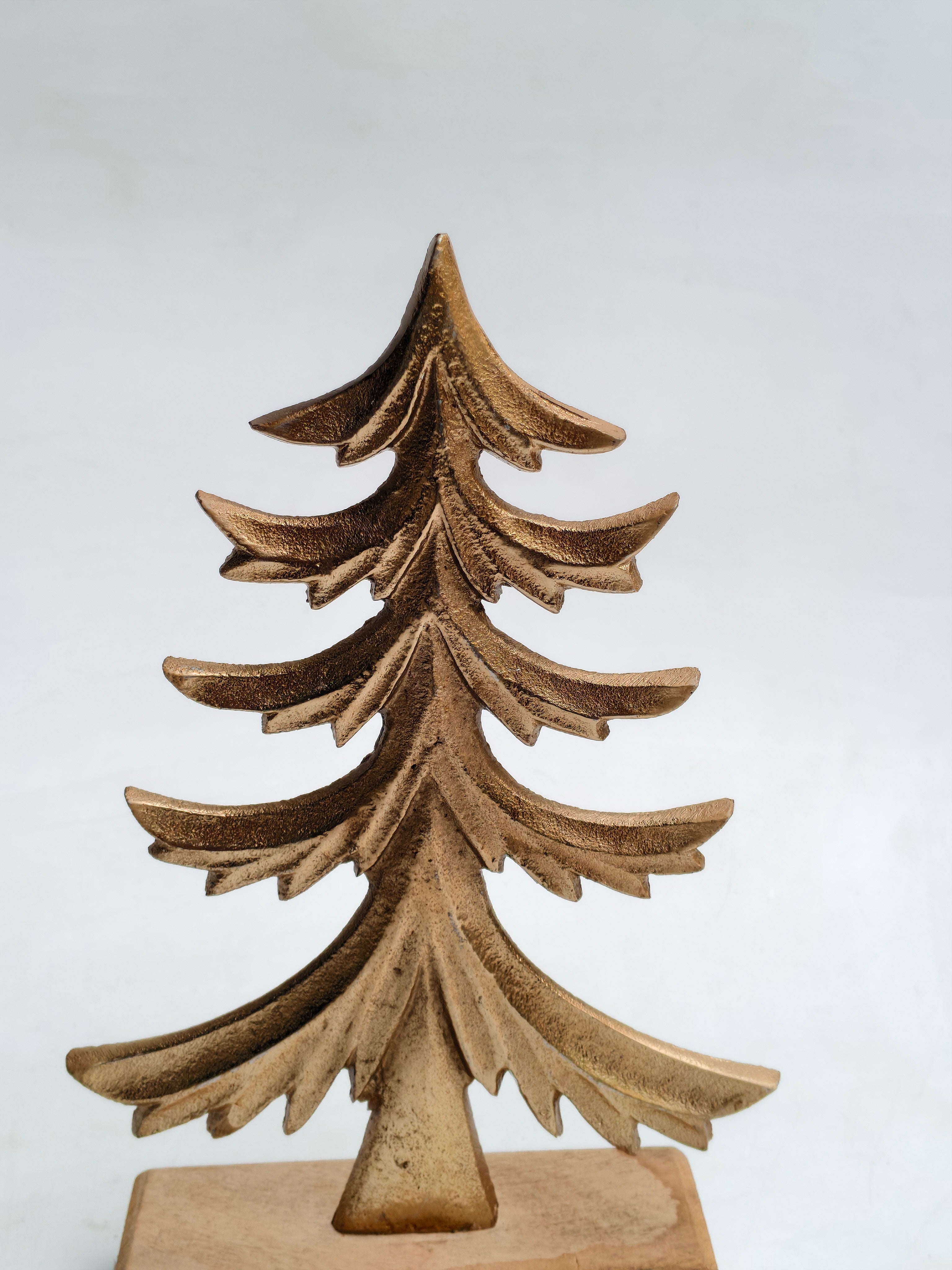 Set of 2 Golden Metal Christmas Trees with Wooden Base | Elegant Festive Table Décor